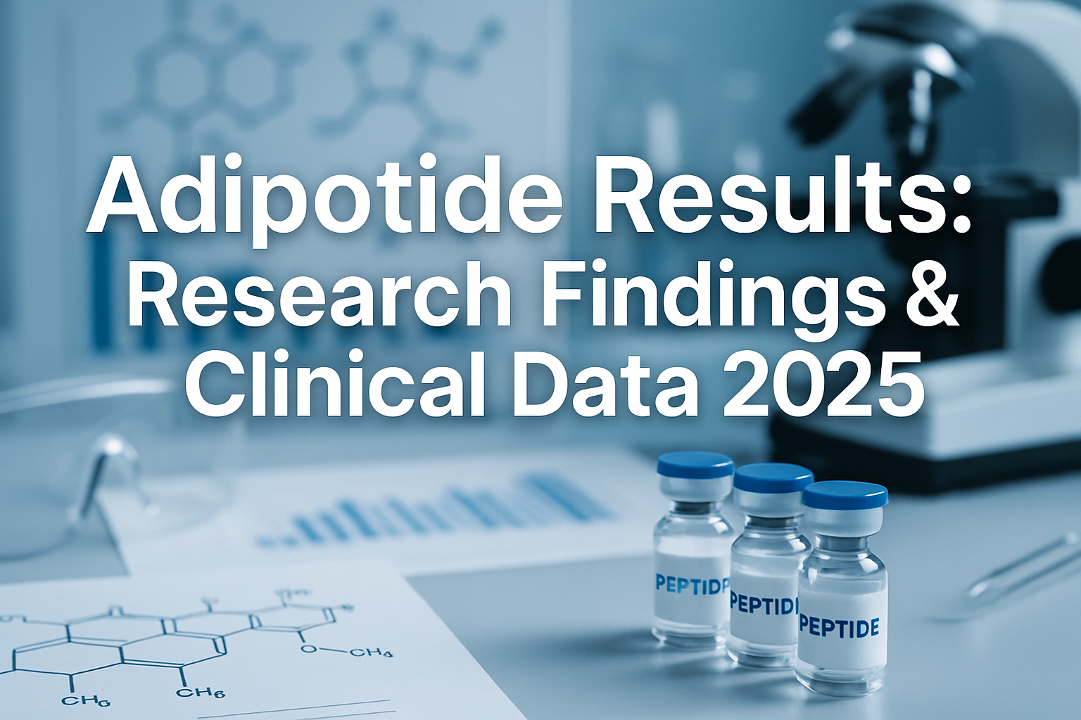 Professional landscape hero image (1536x1024) with bold text overlay: 'Adipotide Results: Research Findings & Clinical Data 2025', modern sa