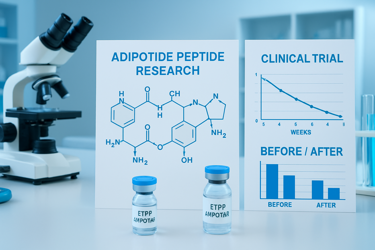 Scientific laboratory scene showing adipotide peptide research data with molecular structure diagrams, clinical trial charts displaying weig