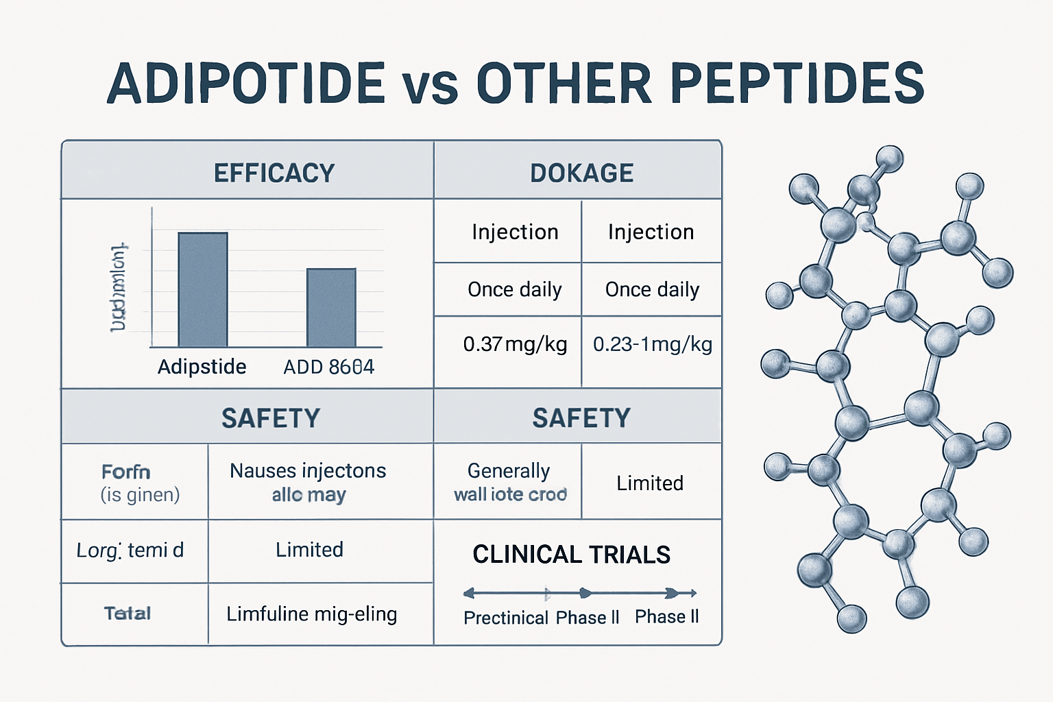 Research comparison infographic displaying adipotide vs other peptides like AOD 9604, side-by-side efficacy charts, dosage guidelines table,