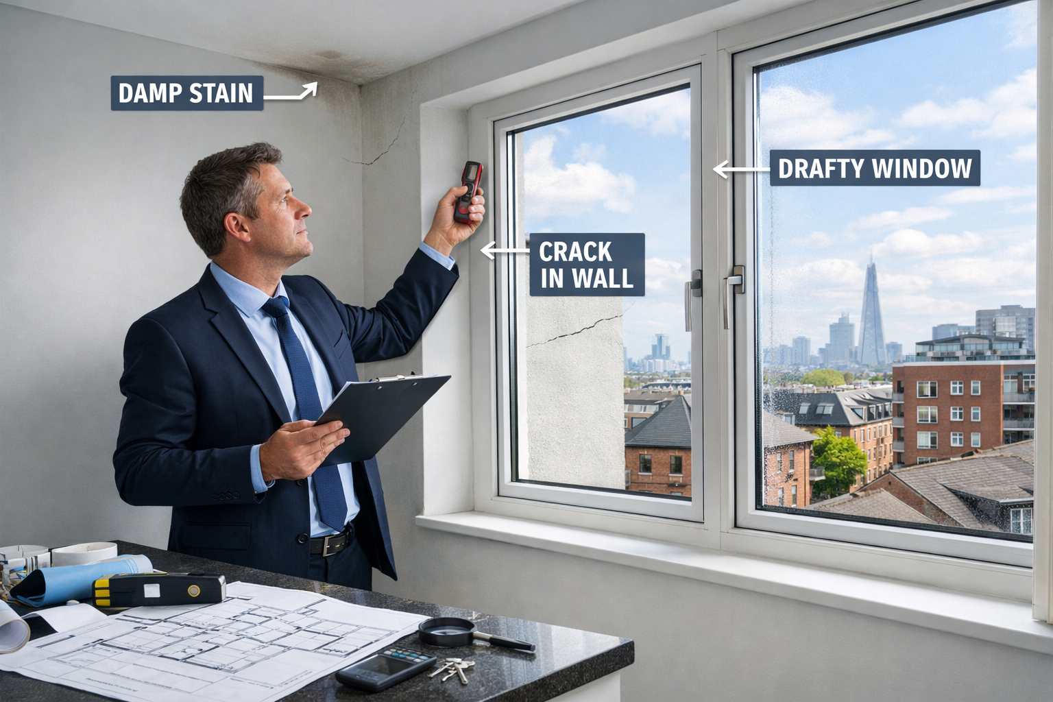 Detailed () image showing professional chartered surveyor conducting building survey inside modern London flat, wearing