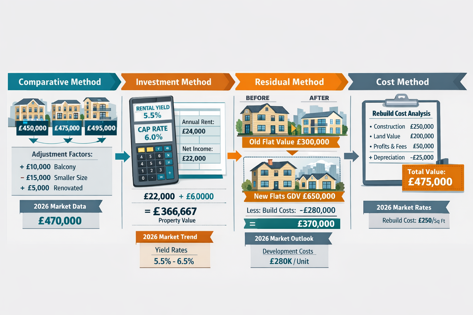 Comprehensive () infographic illustration displaying multiple property valuation methodologies side by side: comparative