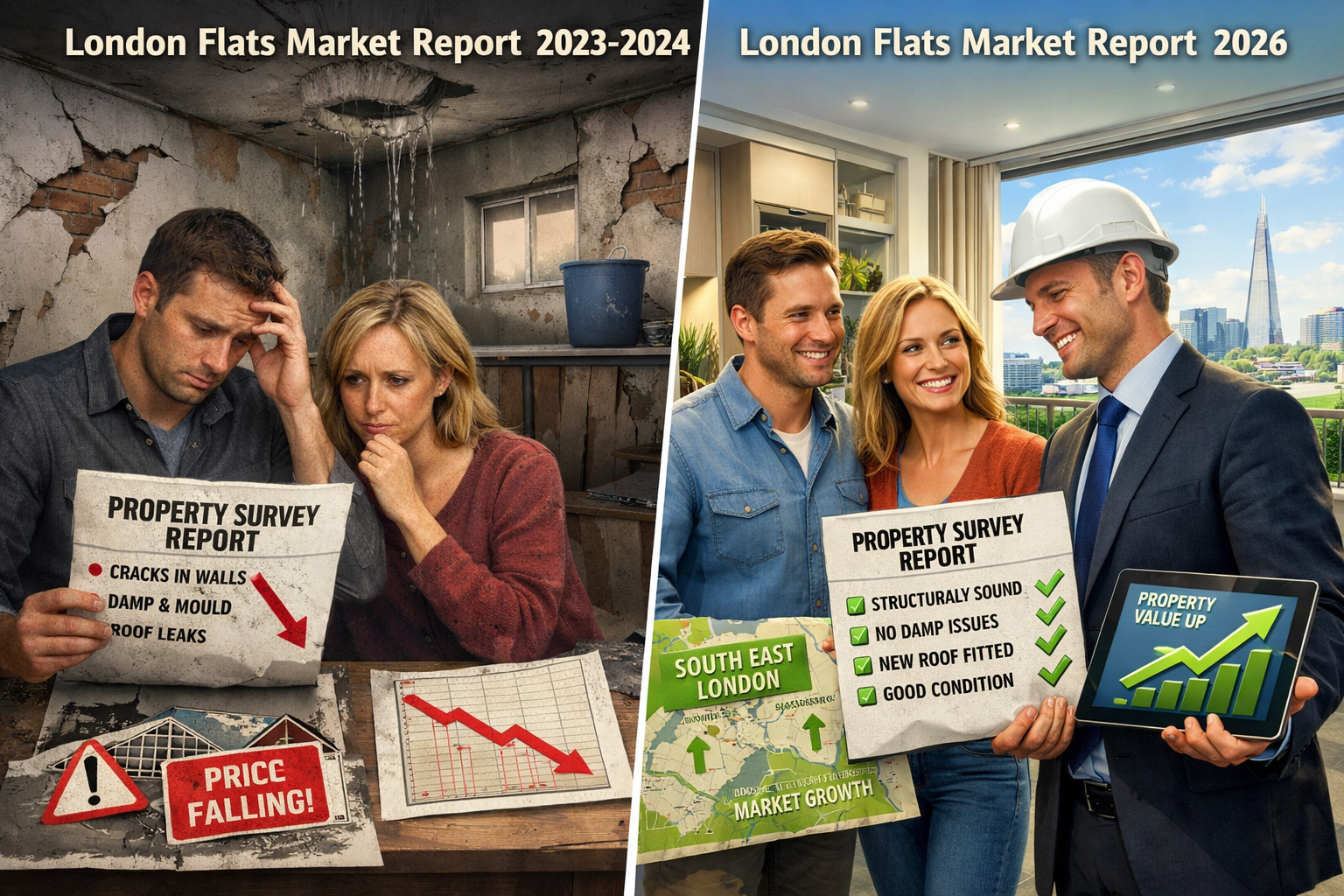 Detailed () split-screen composition showing contrast between distressed and stabilized London flat markets: left side