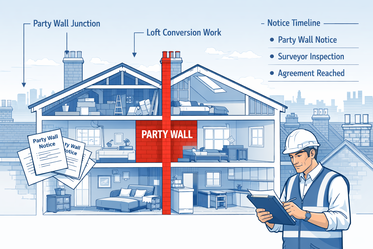 Professional () infographic-style illustration showing a cross-section diagram of two adjoining terraced houses with a loft