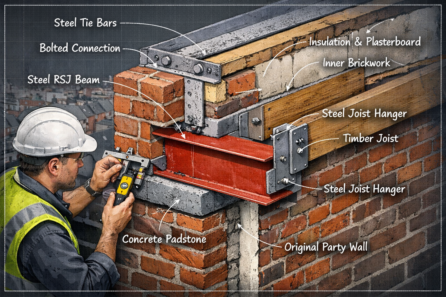 Professional () close-up technical illustration showing structural steel ties and joist hangers connecting into a brick