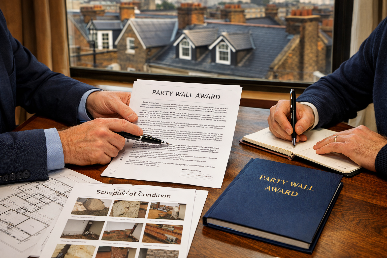 Professional () editorial scene showing two surveyors at a desk reviewing a formal Party Wall Award document, one pointing