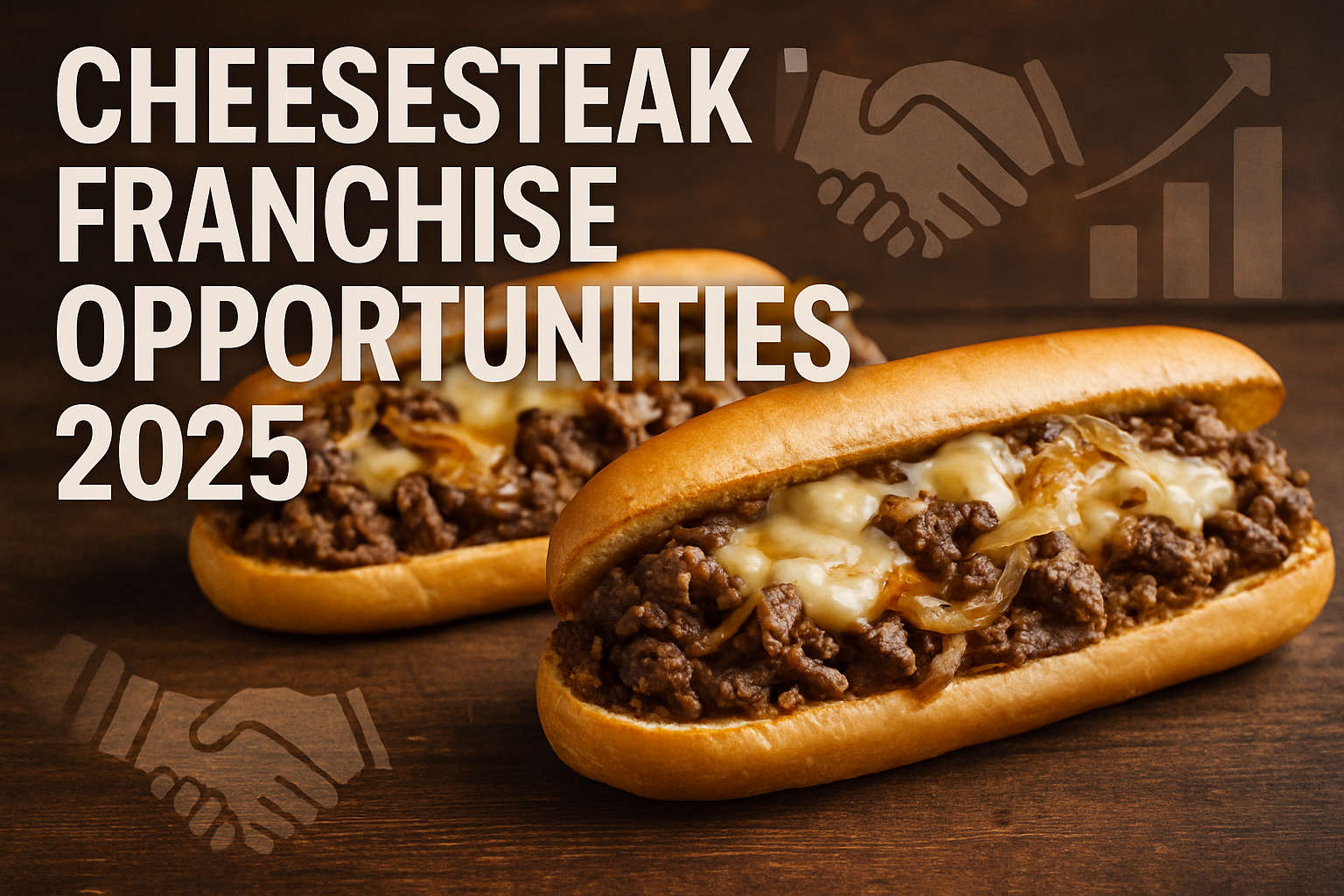 Professional landscape hero image (1536x1024) featuring bold text overlay 'Cheesesteak Franchise Opportunities 2025' in extra large 72pt whi