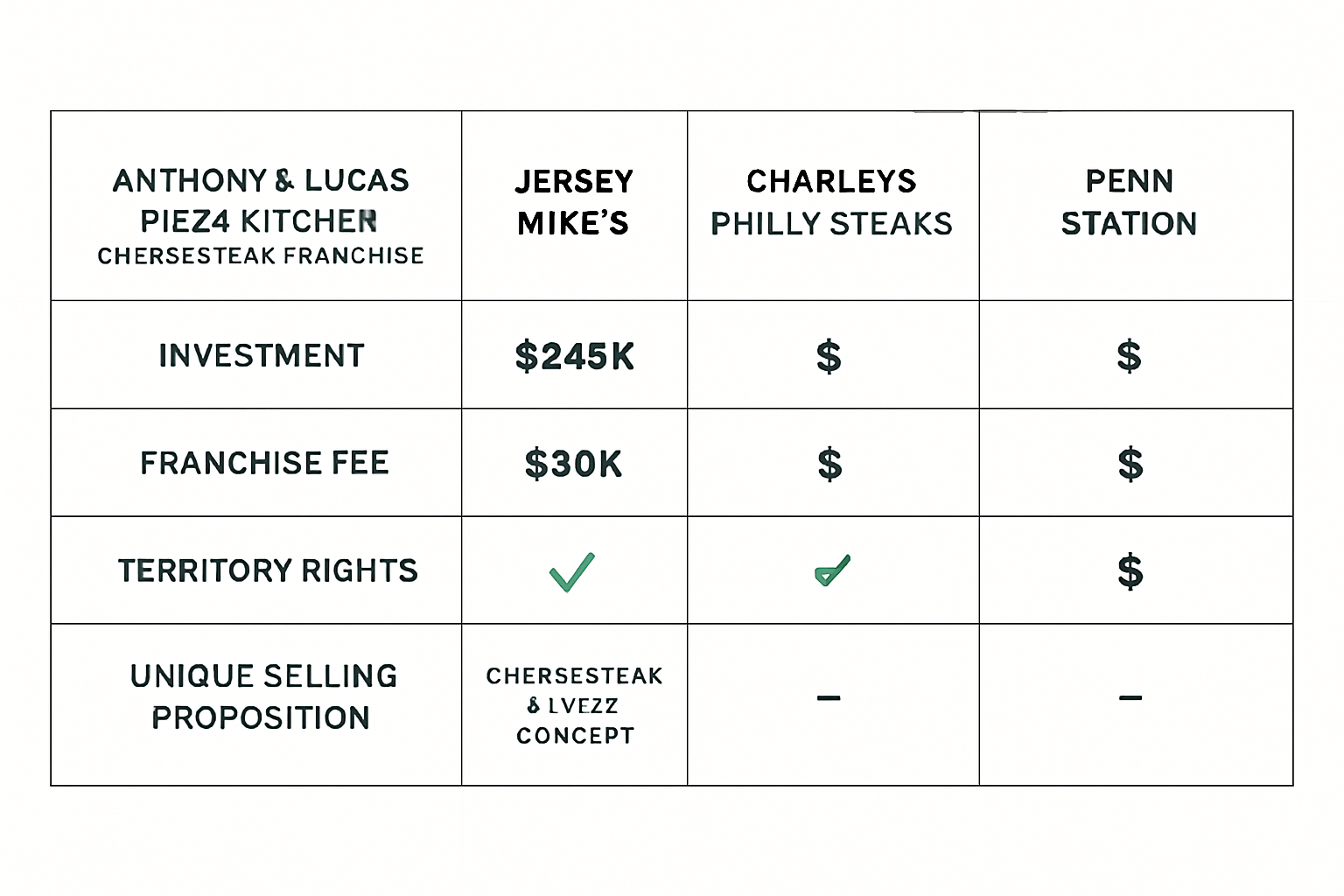 Professional comparison table visualization showing Anthony and Lucas Pizza Kitchen cheesesteak franchise versus competitors like Jersey Mik