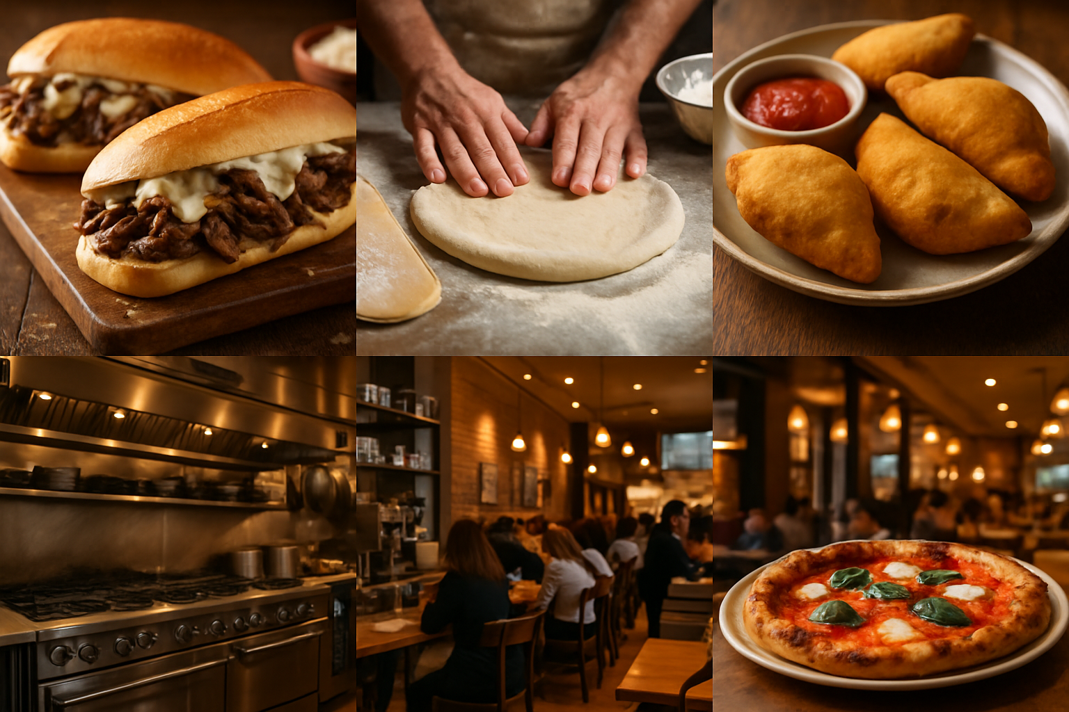 High-quality food photography montage showing authentic ribeye cheesesteaks on toasted Sarcone and Amoroso rolls, Brooklyn-style pizza dough