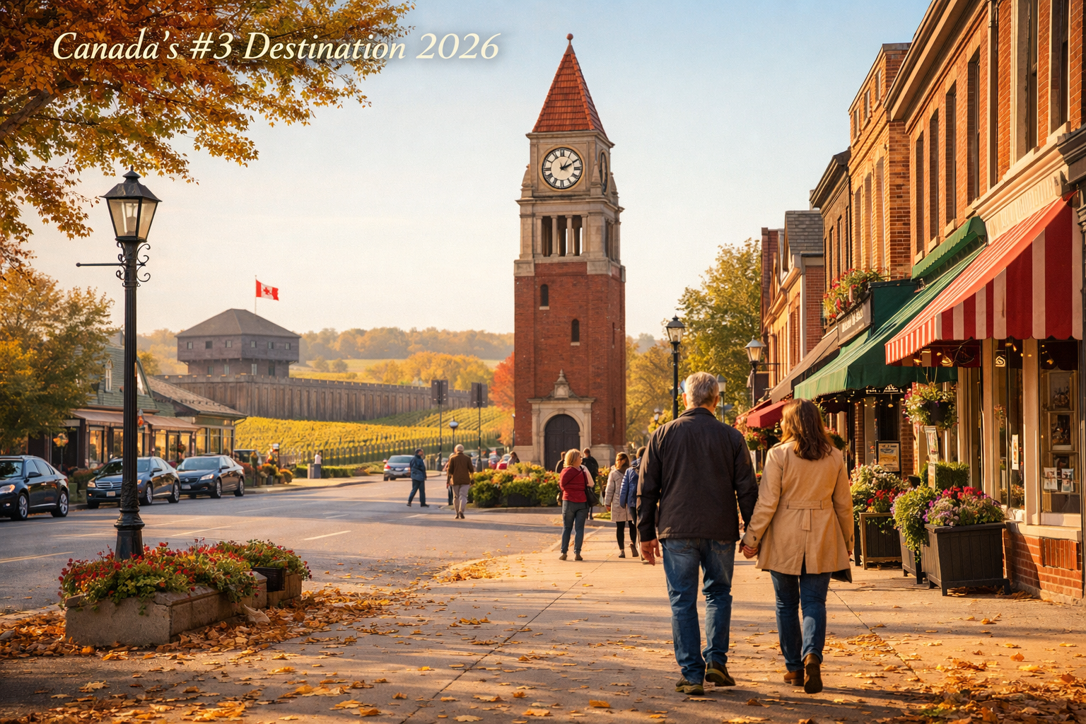 Detailed landscape format (1536x1024) editorial photograph of a well-preserved 19th-century heritage streetscape in Niagara-on-the-Lake, fea