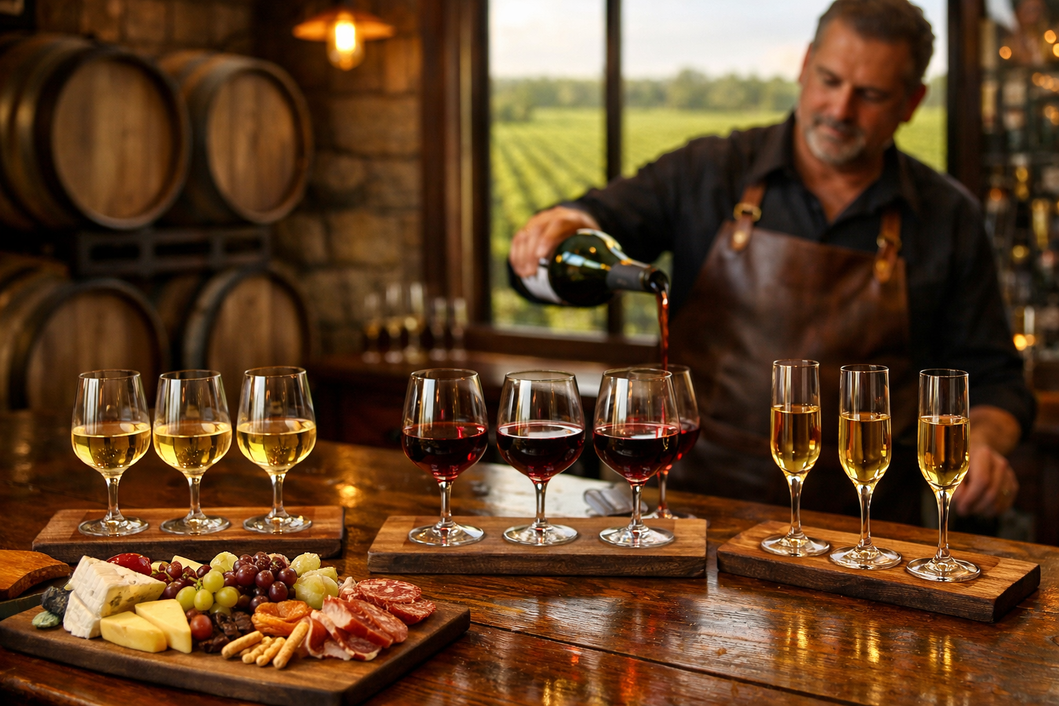 Detailed landscape format (1536x1024) editorial photograph of a Niagara-on-the-Lake winery tasting room scene: a rustic wooden bar with flig