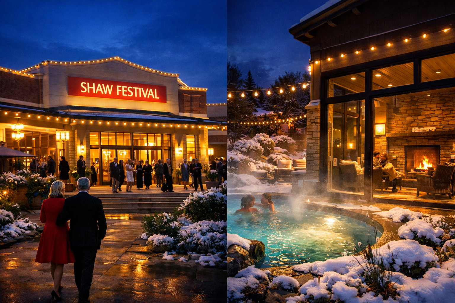 Detailed landscape format (1536x1024) editorial photograph showing the Shaw Festival Theatre exterior at dusk with warm interior lights glow