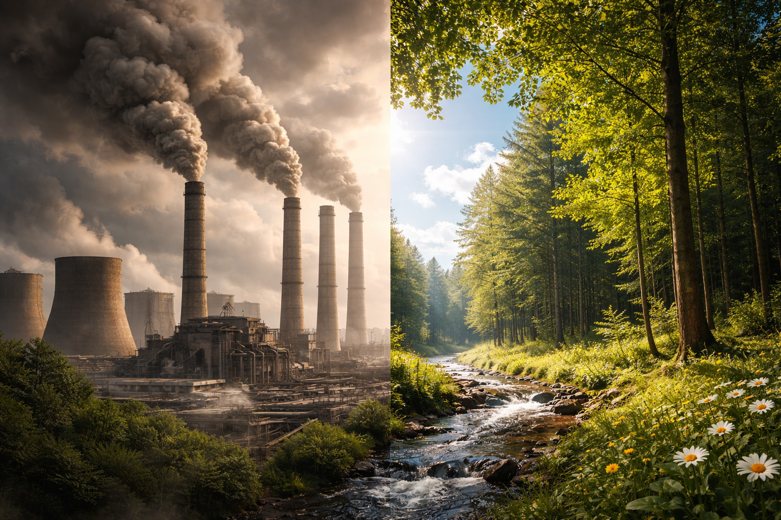 Wide-angle photorealistic hero image: split scene showing industrial smokestacks on left merging into a clean green forest