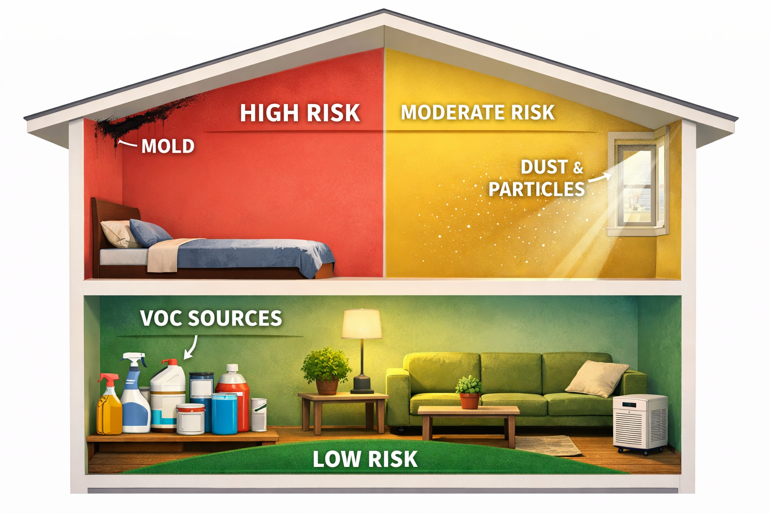 Realistic cross-section illustration of a home interior showing indoor air quality threats: mold in corners, VOC sources