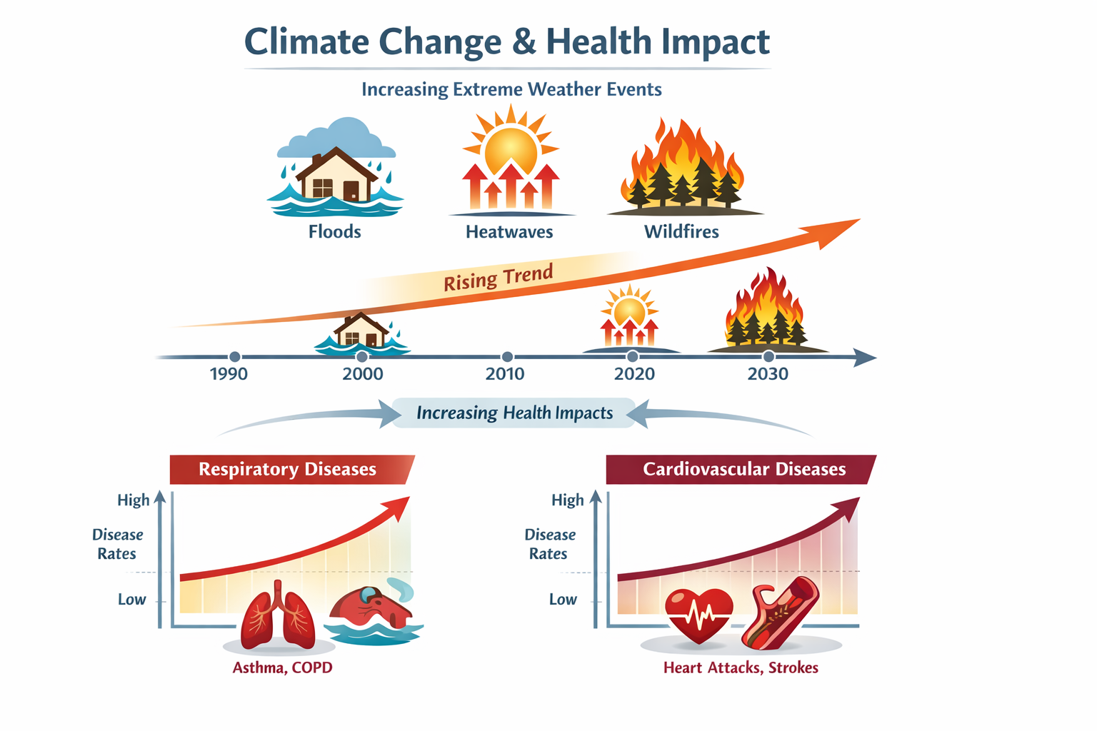 Climate change and health impact infographic: timeline showing increasing frequency of extreme weather events (floods,