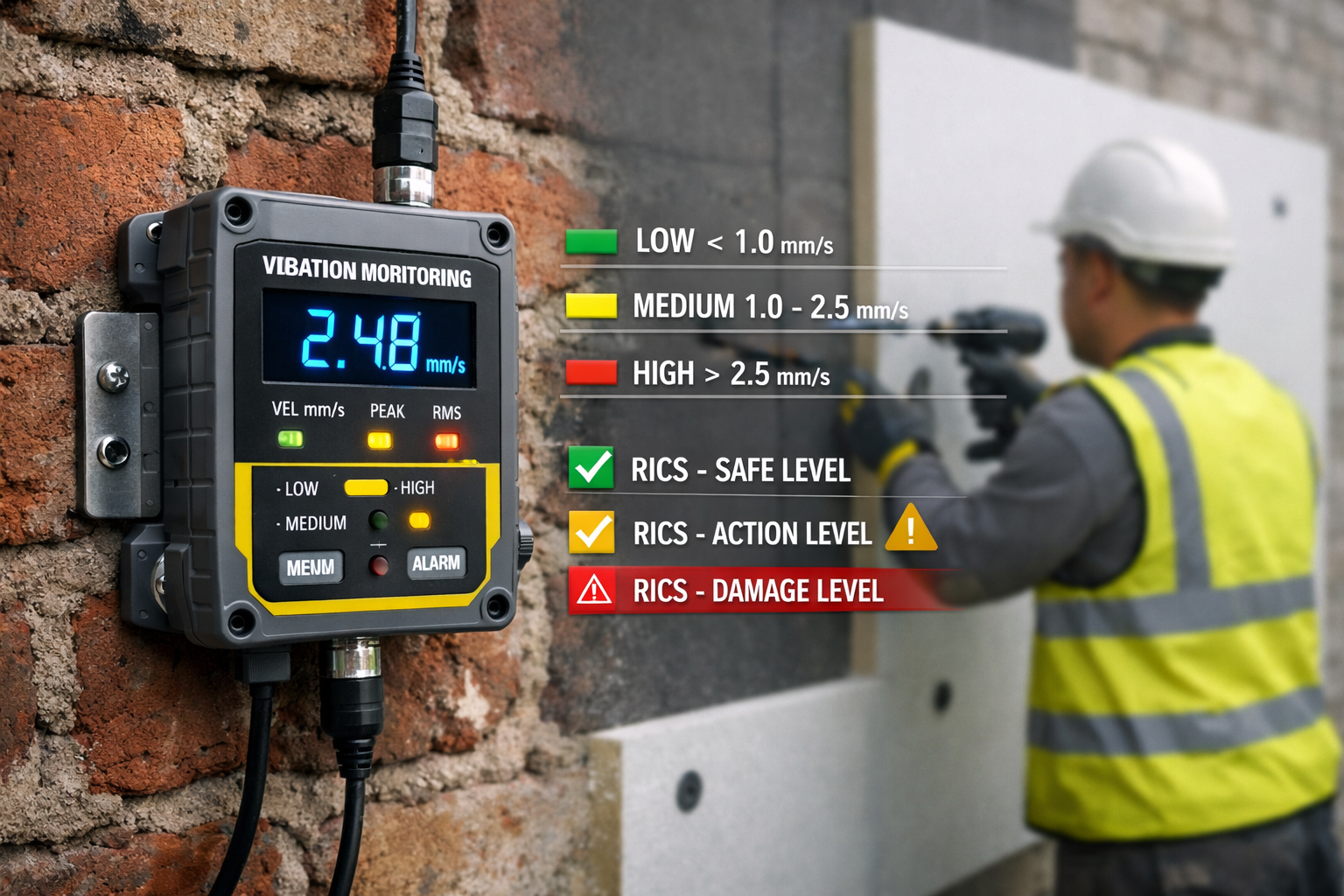 Detailed () image showing close-up of professional vibration monitoring equipment mounted on a party wall during retrofit