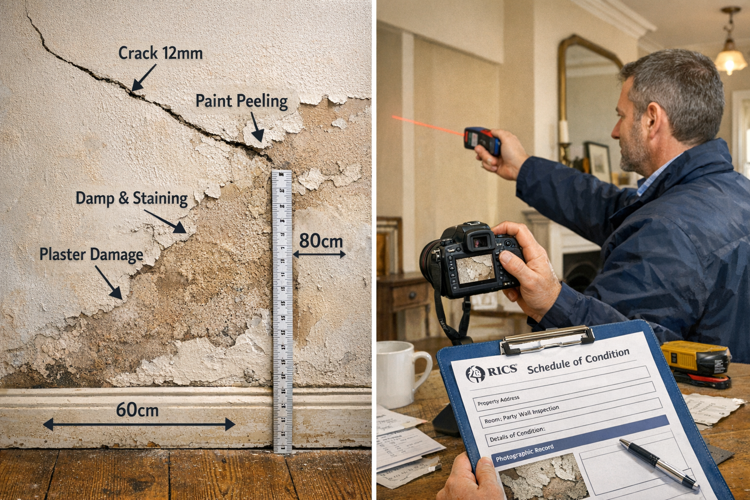 Detailed () image depicting comprehensive schedule of condition documentation process. Split-screen composition showing left