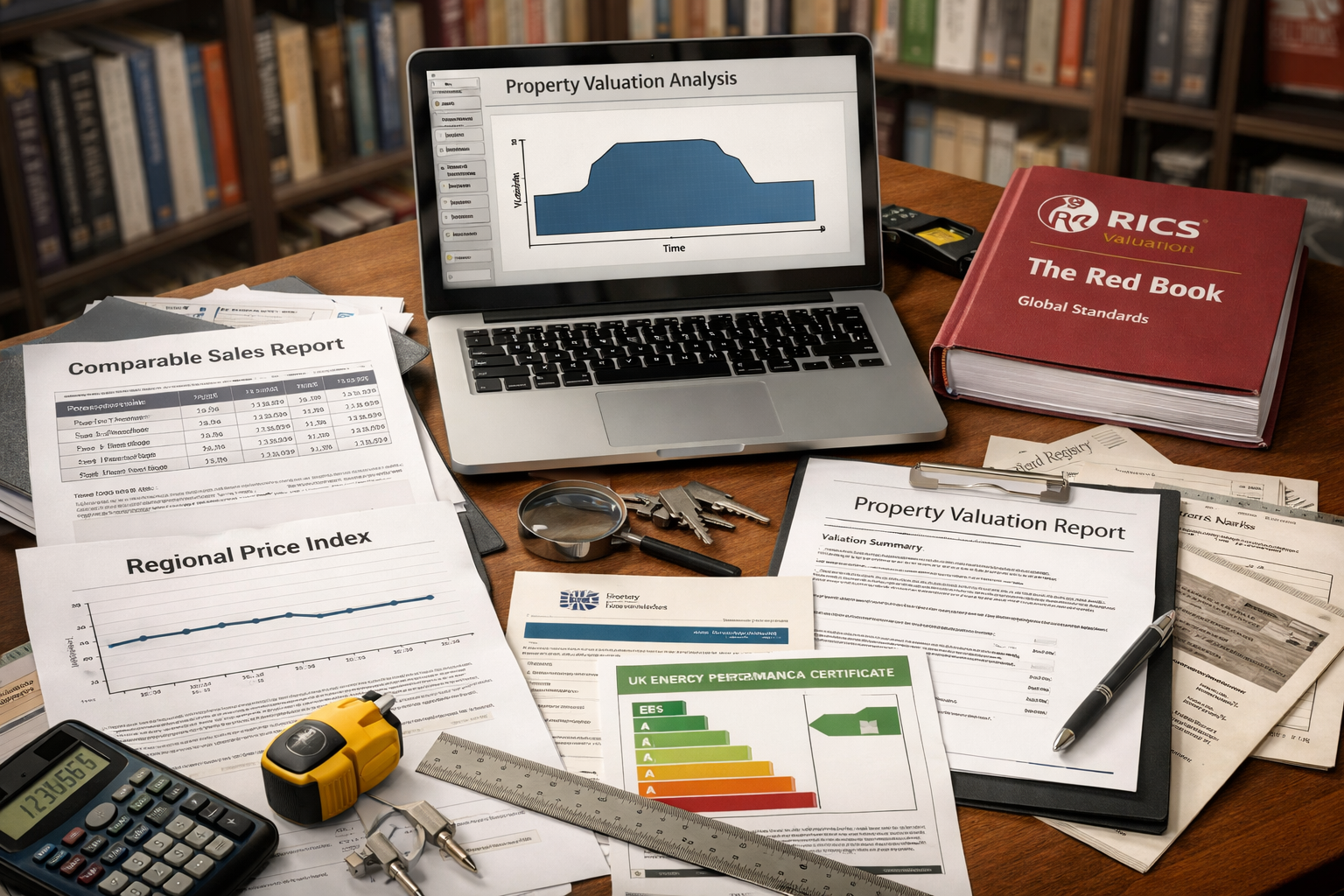 Detailed () image showing professional chartered surveyor's workspace with multiple valuation documents spread across desk,