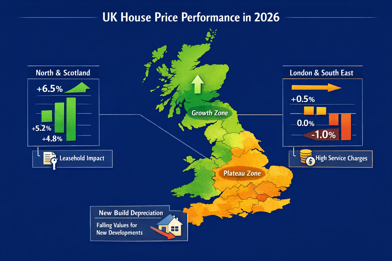 Wide () infographic-style image displaying UK map with color-coded regional house price performance zones for 2026, showing
