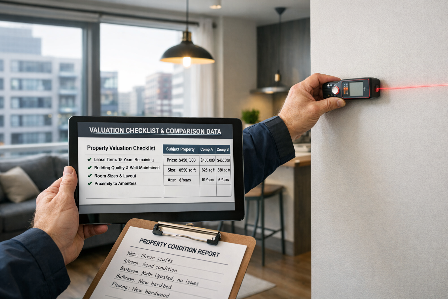 Detailed () image showing close-up of surveyor conducting on-site property inspection in modern flat interior, holding