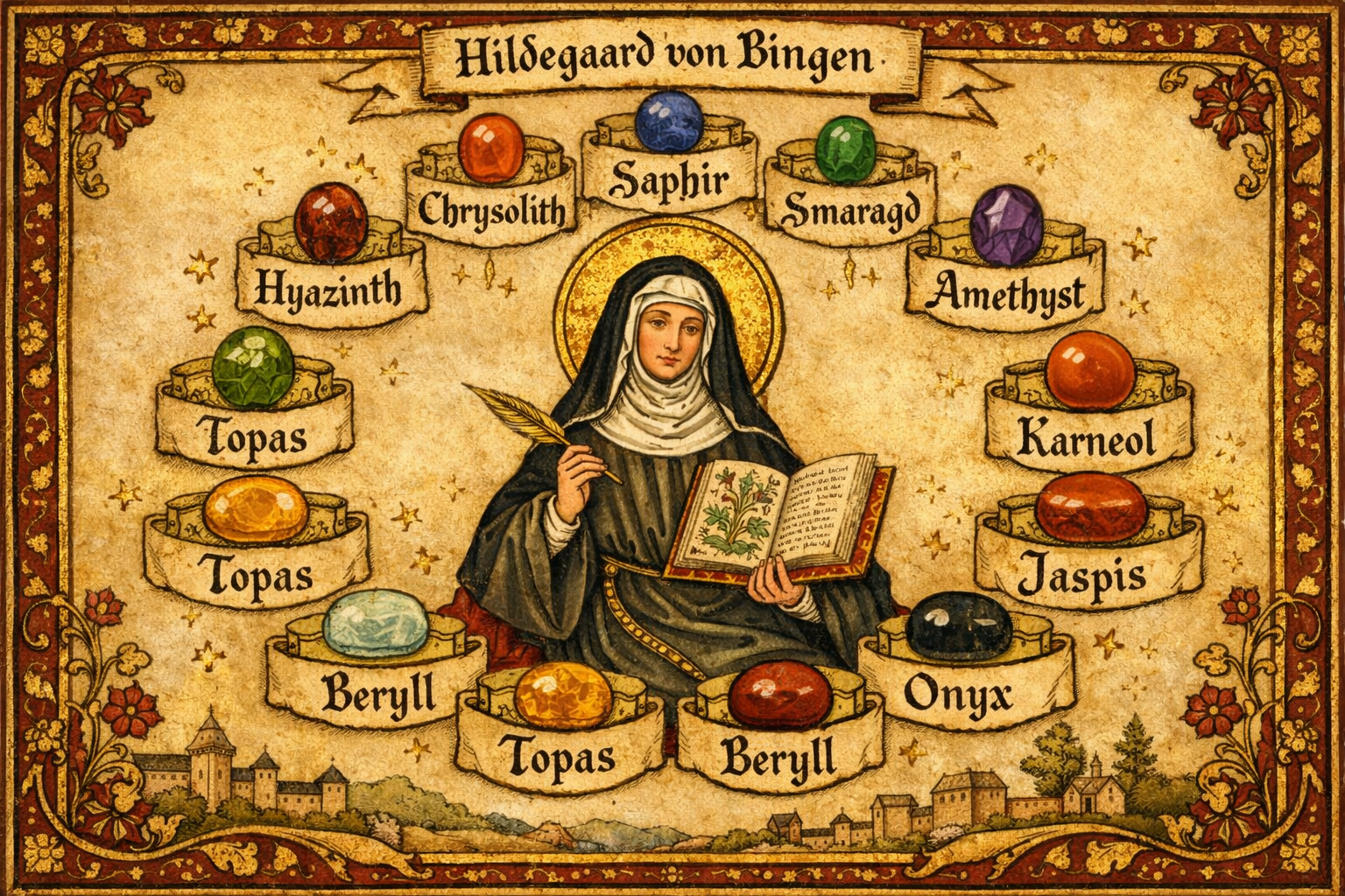 Detailed () illustration showing a medieval manuscript-style artistic rendering of Hildegard von Bingen surrounded by twelve