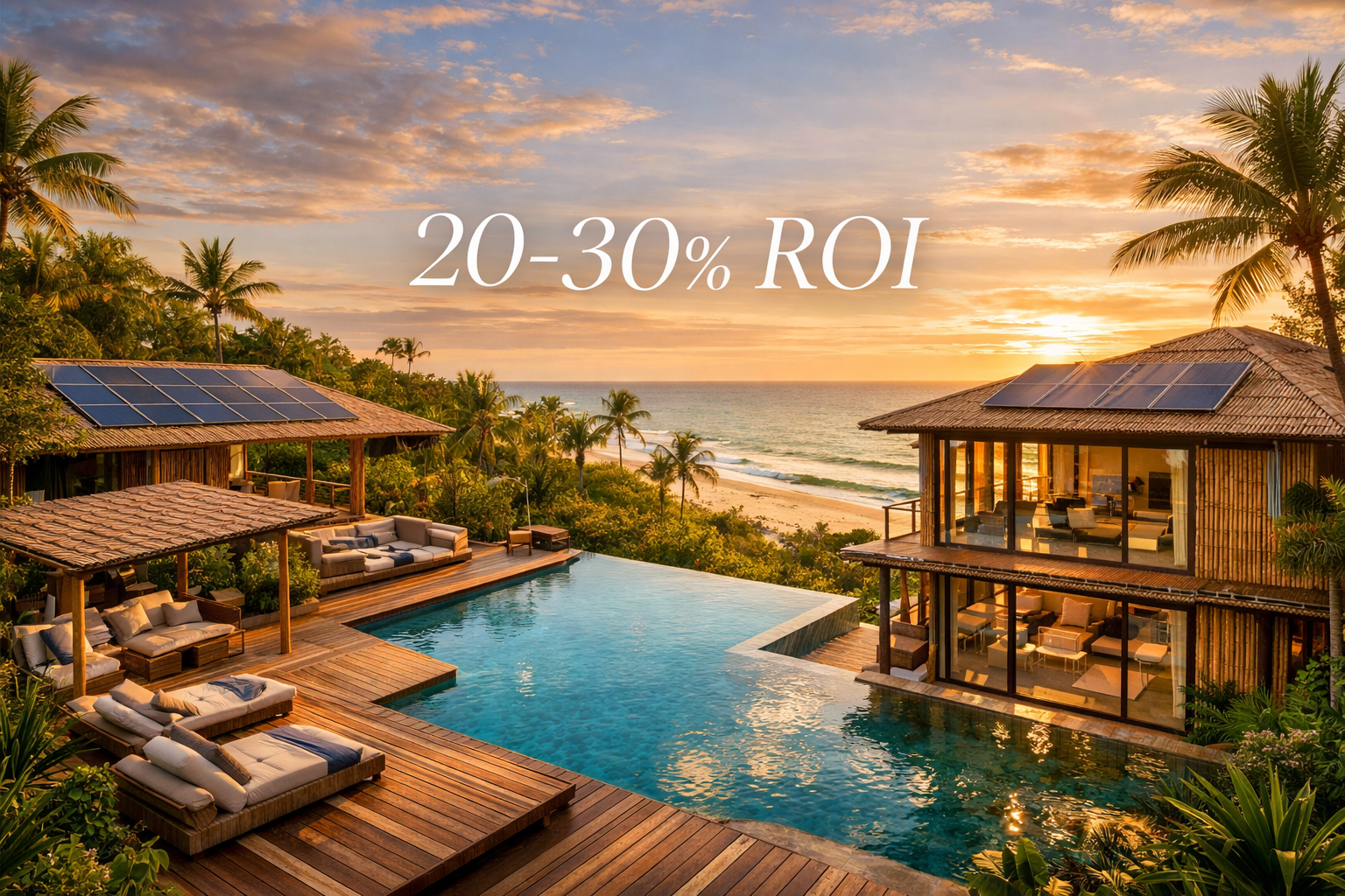 Detailed landscape format (1536x1024) image showing luxurious eco-tourism property in Trancoso with sustainable bamboo and natural materials