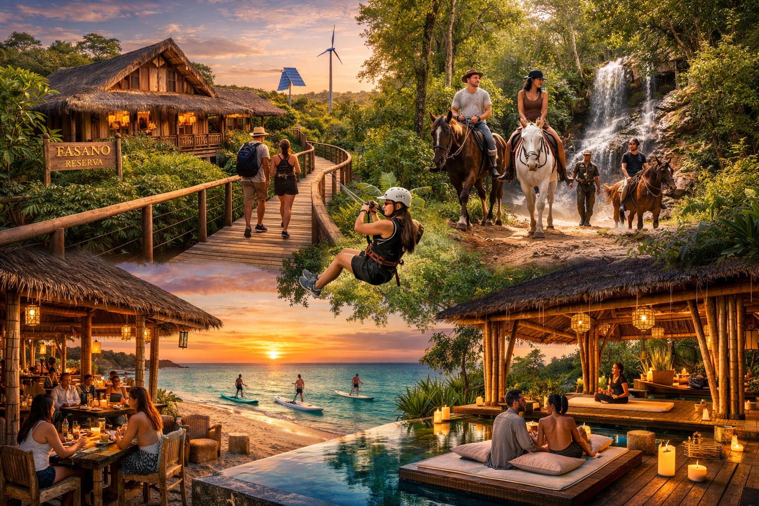 Detailed landscape format (1536x1024) image showcasing Trancoso's eco-luxury tourism infrastructure including Fasano hotel ecological reserv