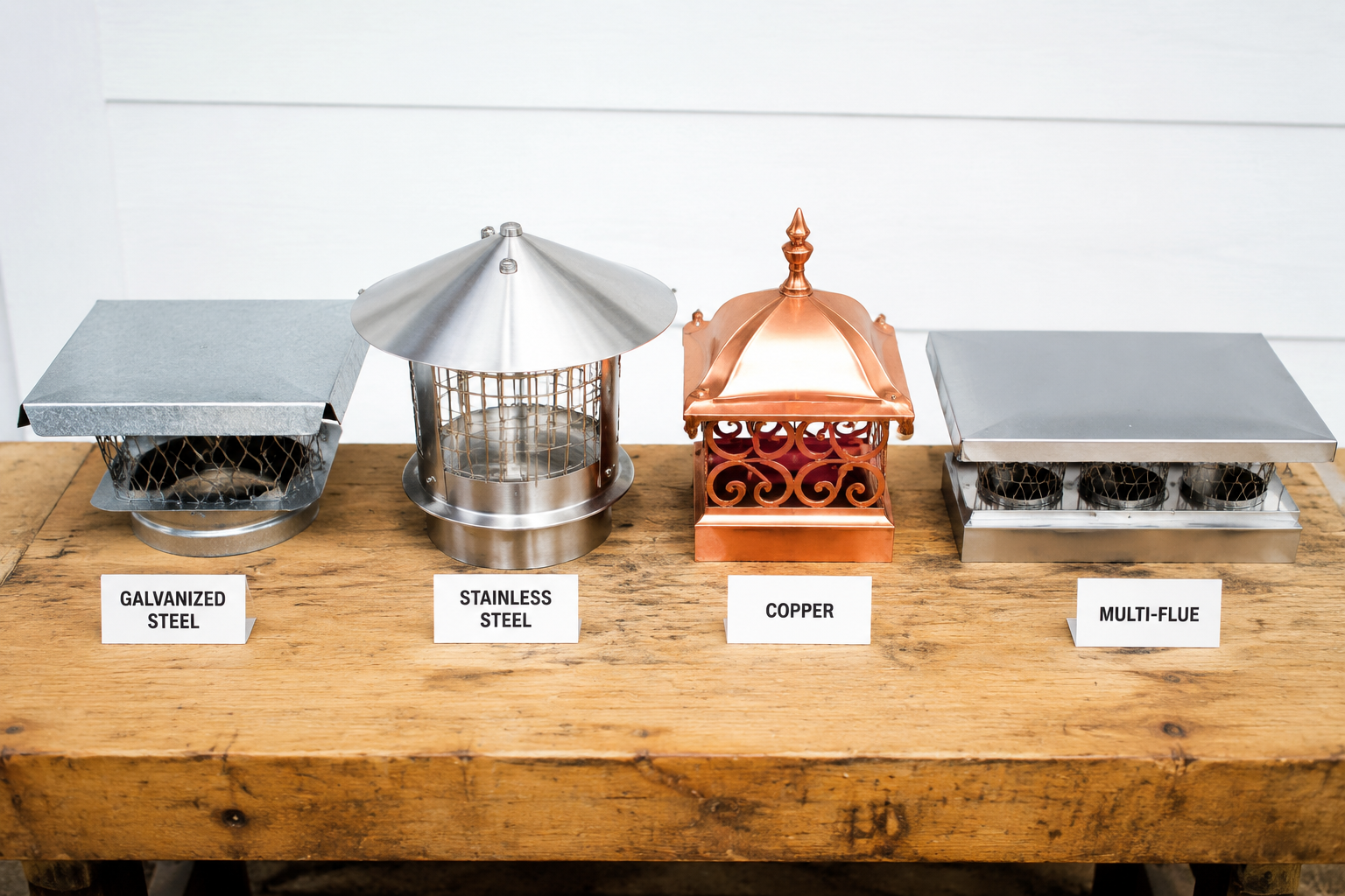 Close-up overhead shot of four different chimney cap types arranged side by side on a workbench: a flat galvanized steel lid