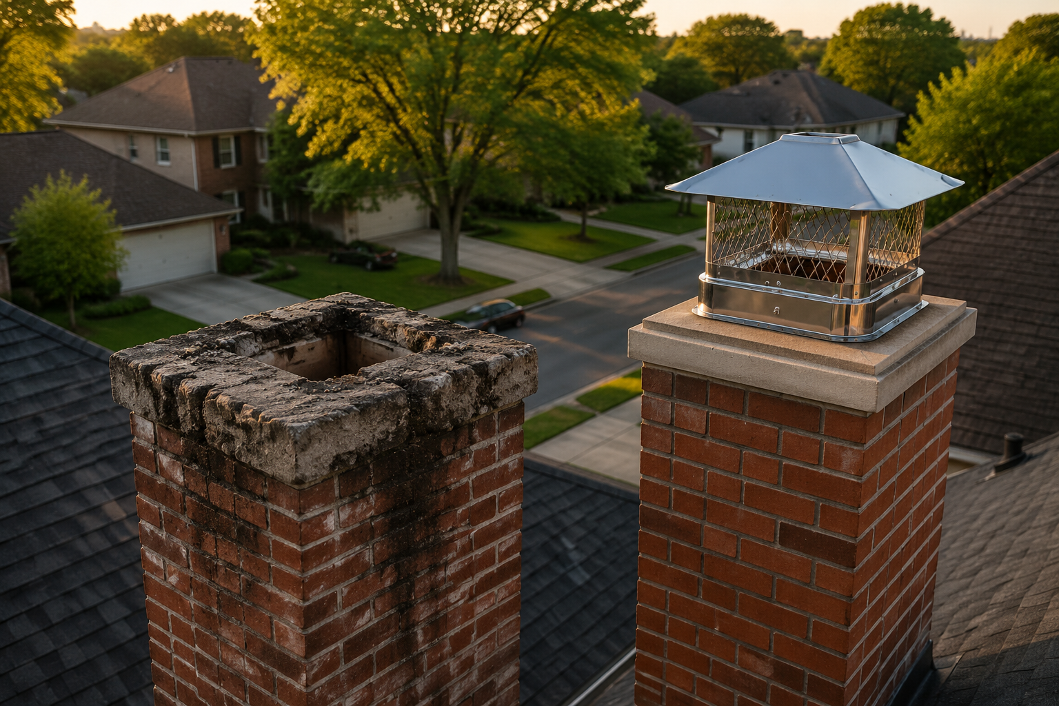 Wide-angle view of a Dallas residential neighborhood street showing two contrasting brick homes side by side, one with a