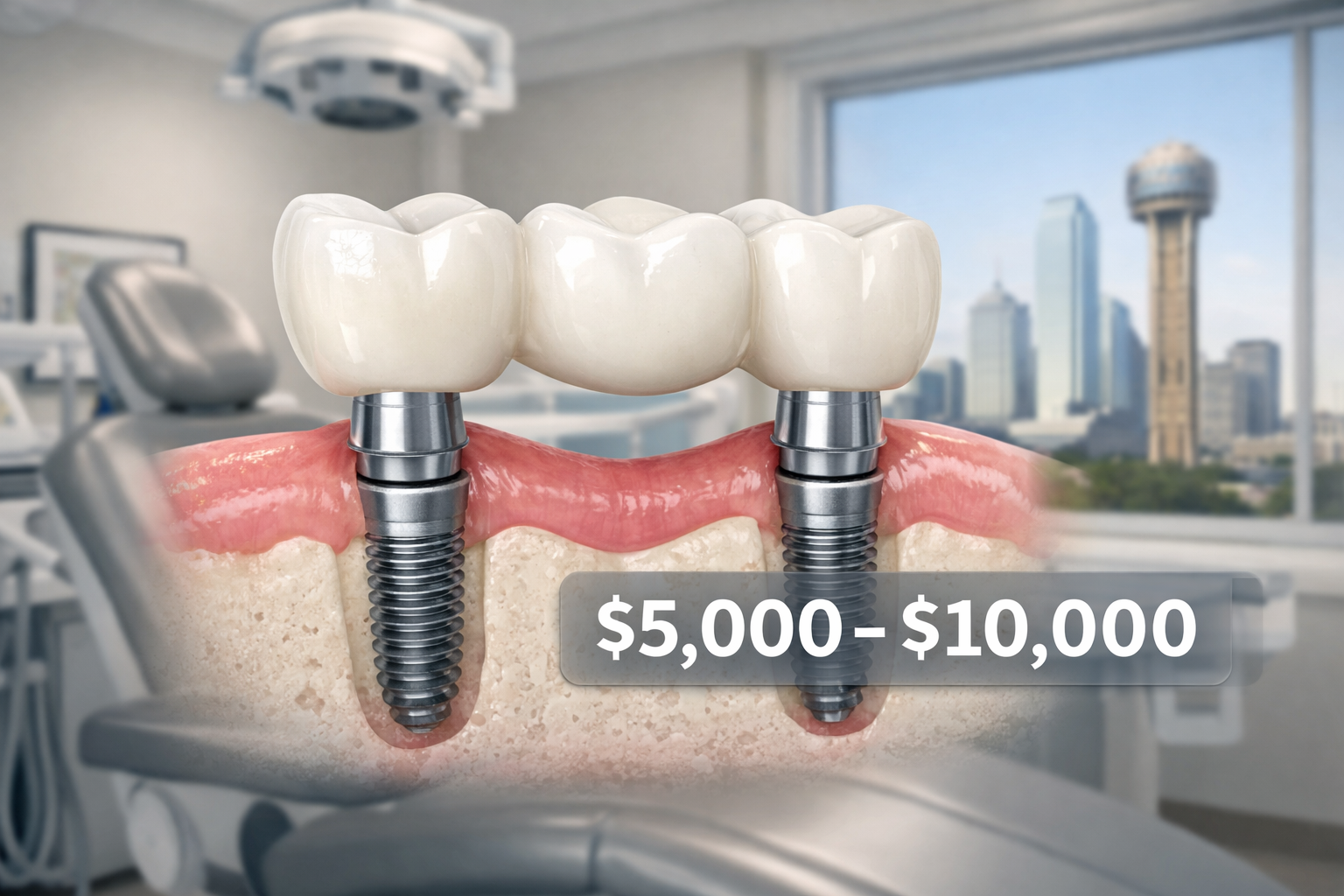 Landscape format (1536x1024) image illustrating a dental arch with three missing teeth replaced by a 3-tooth implant-supported bridge, clear
