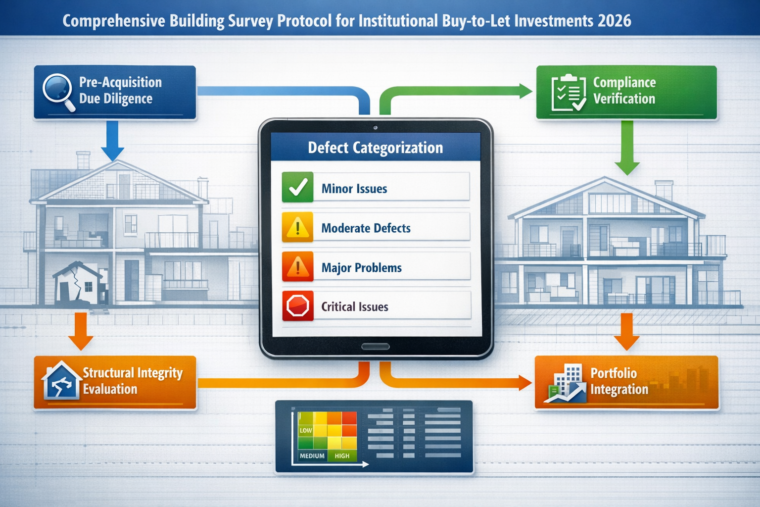 () infographic-style image displaying comprehensive building survey protocol flowchart for institutional buy-to-let
