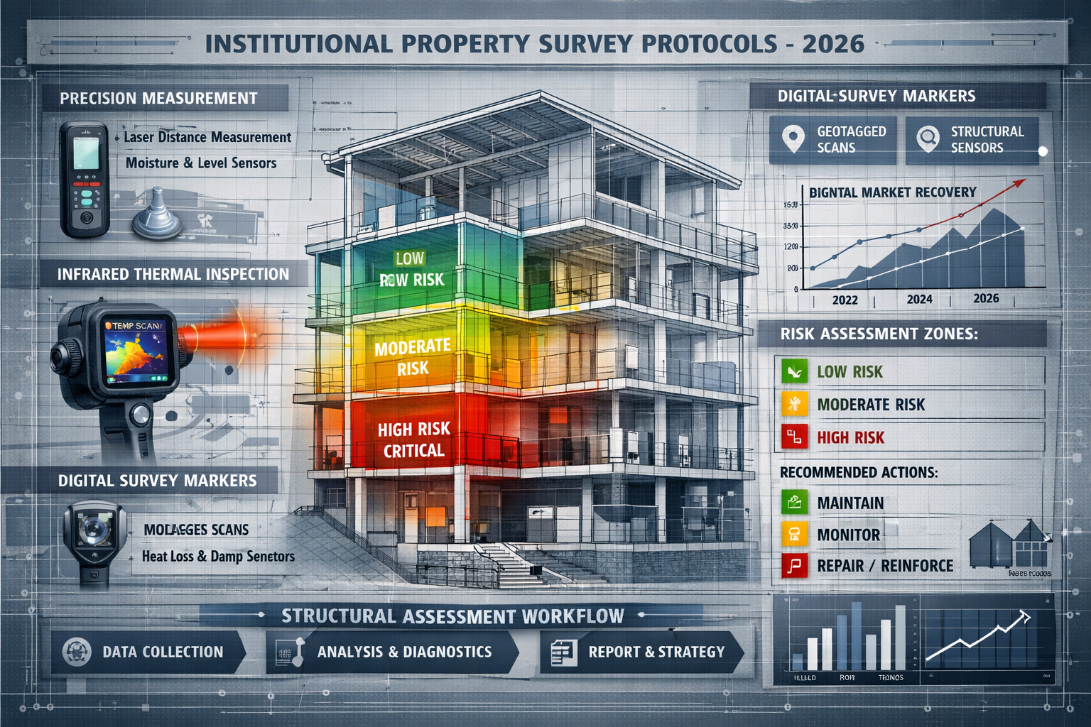 A detailed architectural technical blueprint overlaid with 2026 institutional property survey protocols, featuring precision
