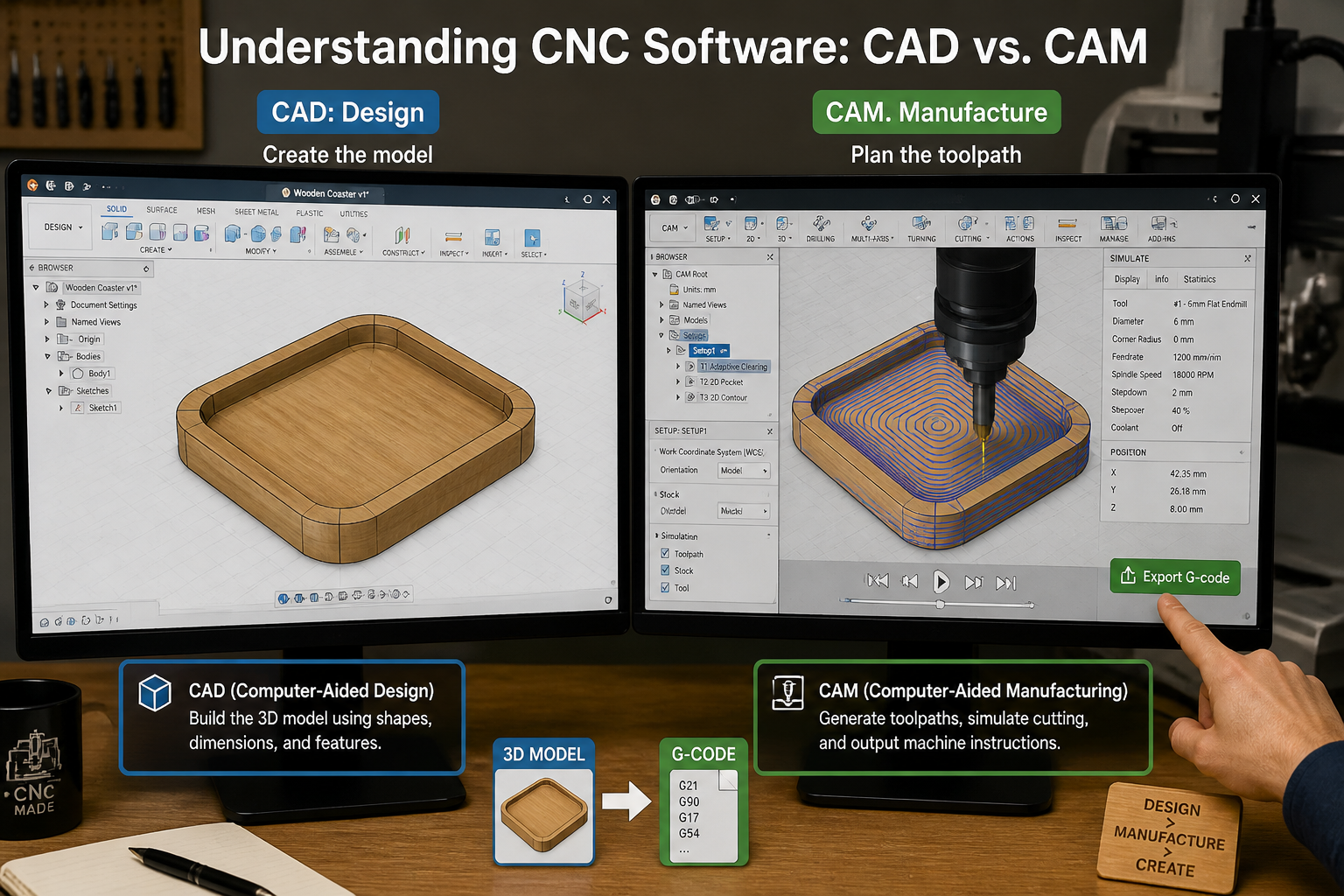 Detailed () image for the 'Understanding CNC Software: CAD vs. CAM' section. The image features a split screen or dual