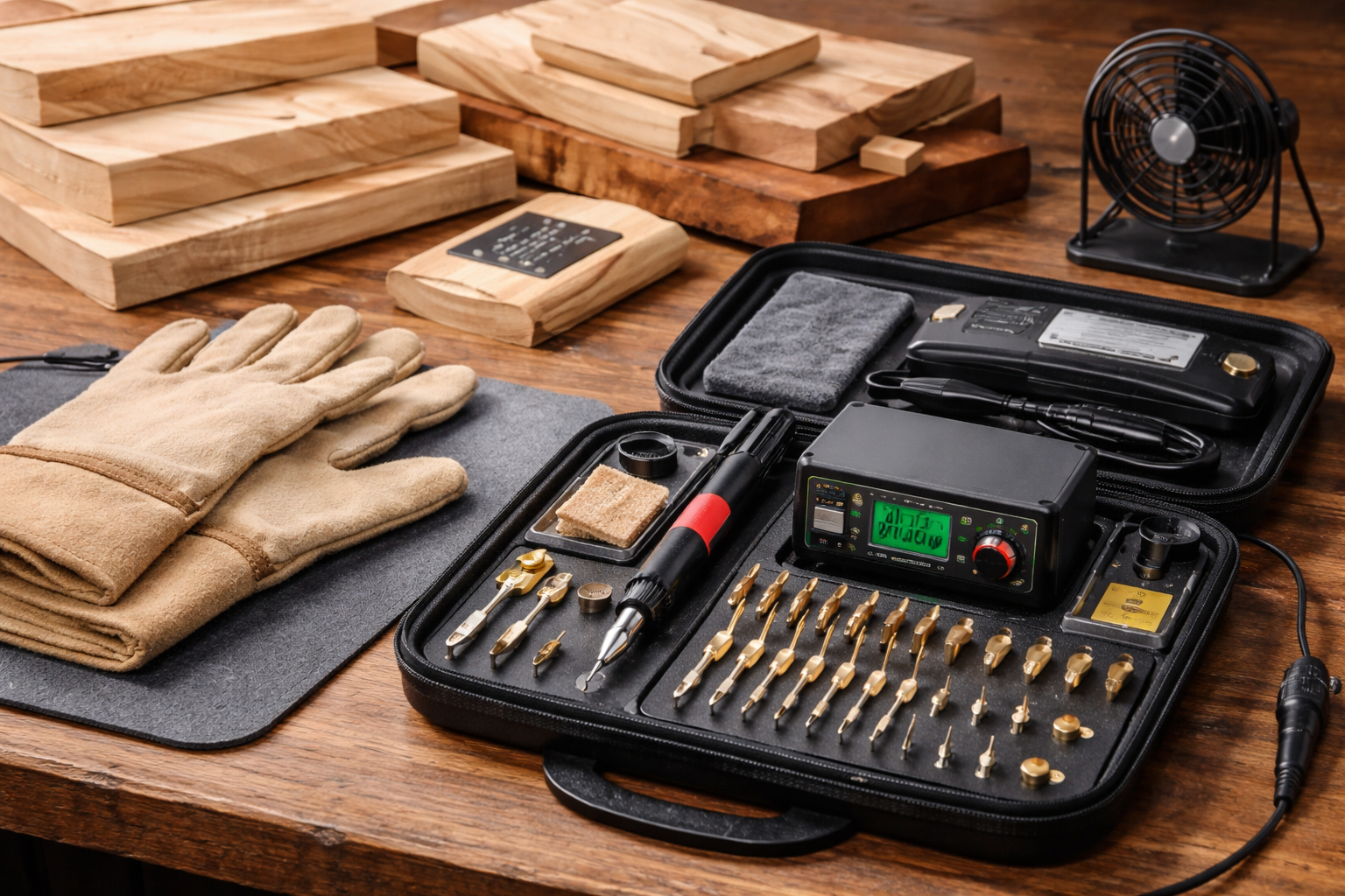 A detailed () image showcasing a pyrography workstation from a slightly elevated angle. In the foreground, a high-quality