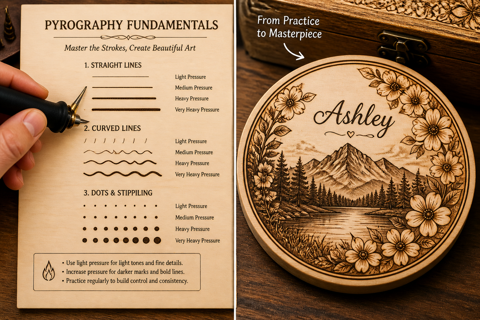 A detailed () image demonstrating fundamental pyrography techniques. The image features a split composition: on the left, a