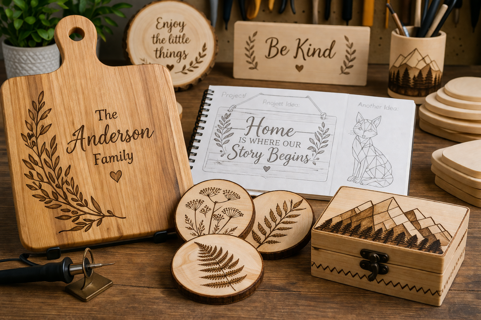 A vibrant () image showcasing a collection of inspiring wood burning project ideas suitable for beginners. The foreground