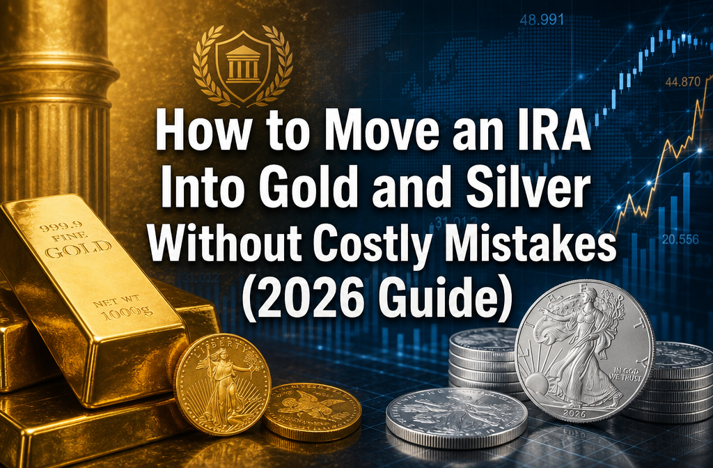 Professional () hero image with : 'How to Move an IRA Into Gold and Silver Without Costly Mistakes (2026 Guide)', centered,