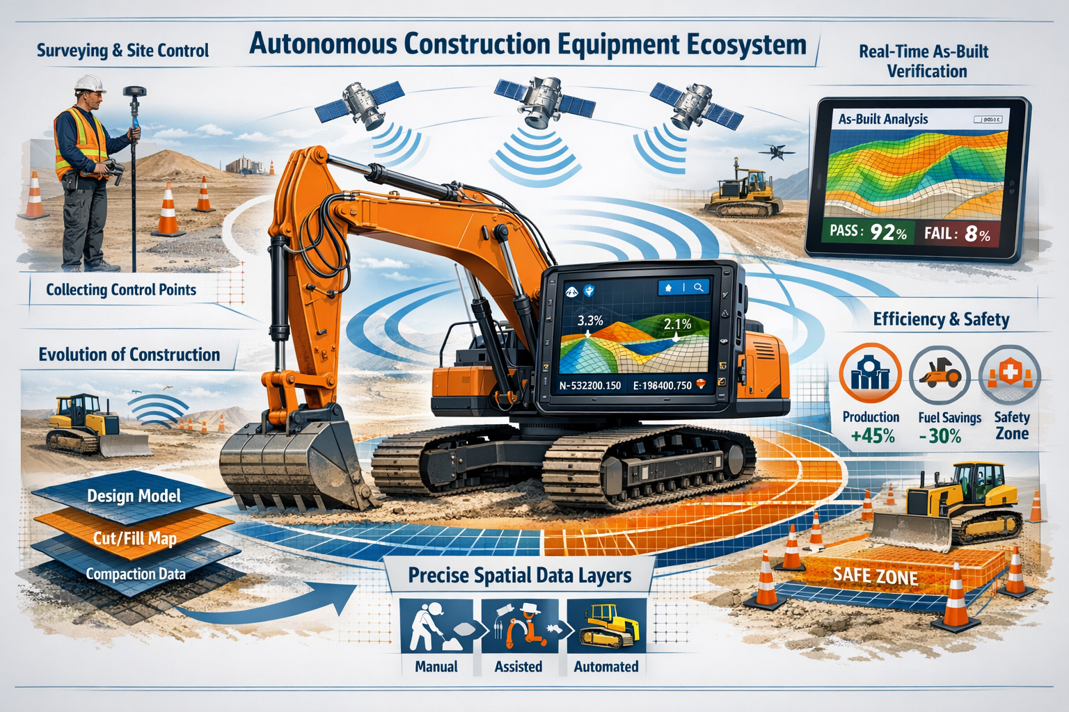 Landscape format (1536x1024) detailed infographic-style image showing autonomous construction equipment ecosystem. Center: modern excavator