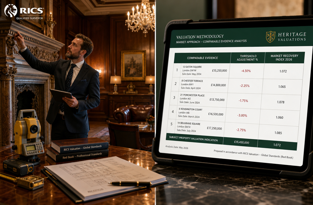 Detailed () split-scene image showing a RICS-qualified surveyor in formal attire examining a luxury period property interior