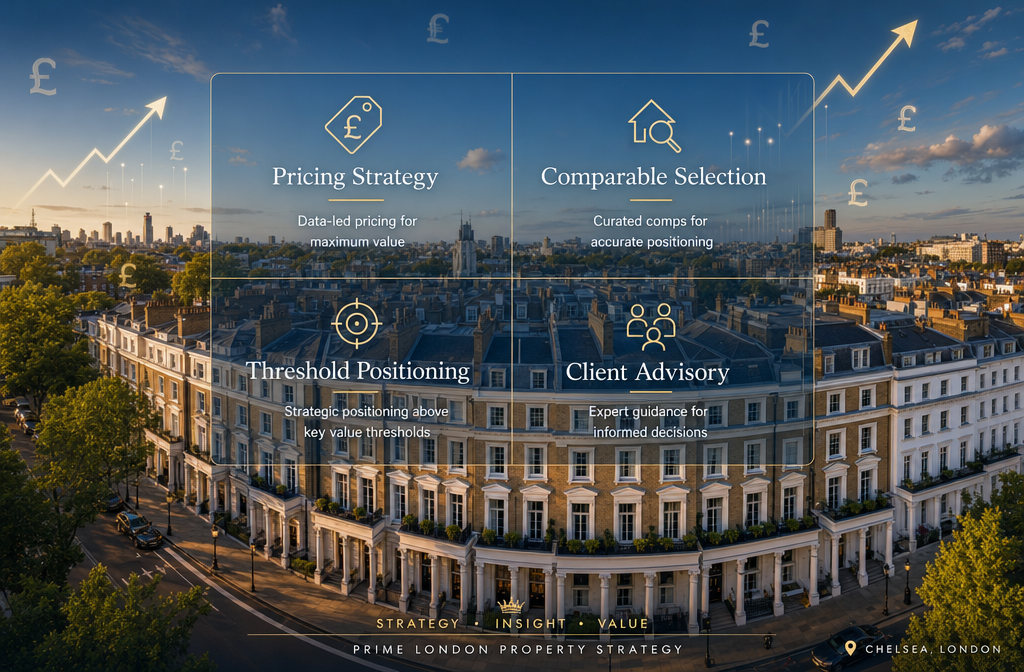 Detailed () aerial drone-perspective image of a row of high-value London properties over £2 million in Chelsea or