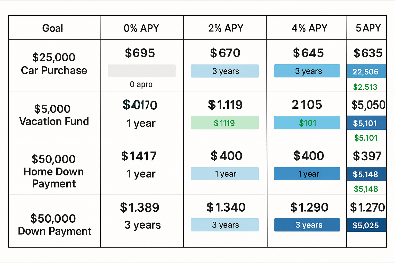 Landscape comparison table visualization (1536x1024) displaying side-by-side savings scenarios across different APY rates (0%, 2%, 4%, 5%) f