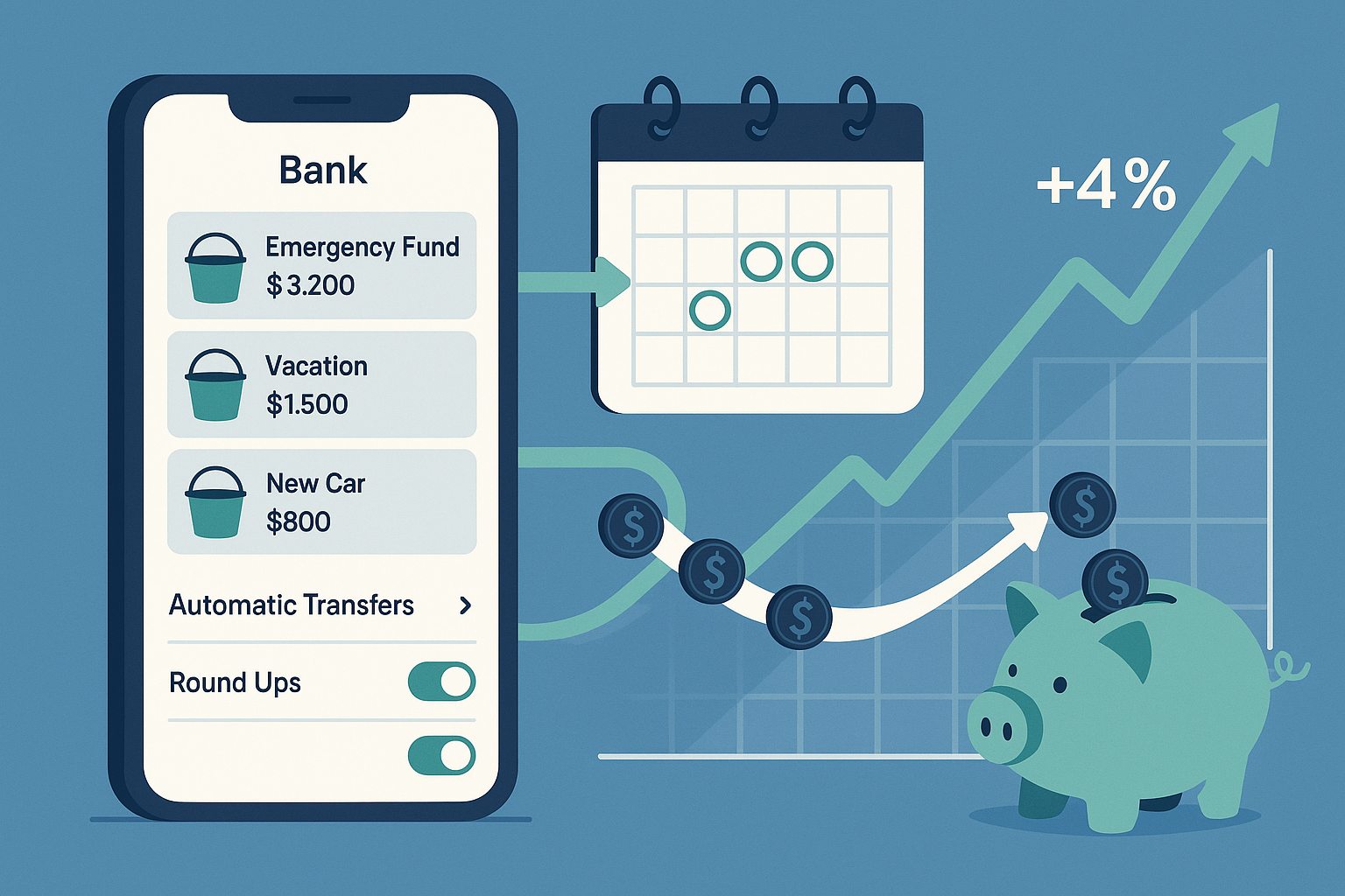 Modern editorial illustration (1536x1024) depicting automated savings strategy with smartphone screen showing banking app interface with sav