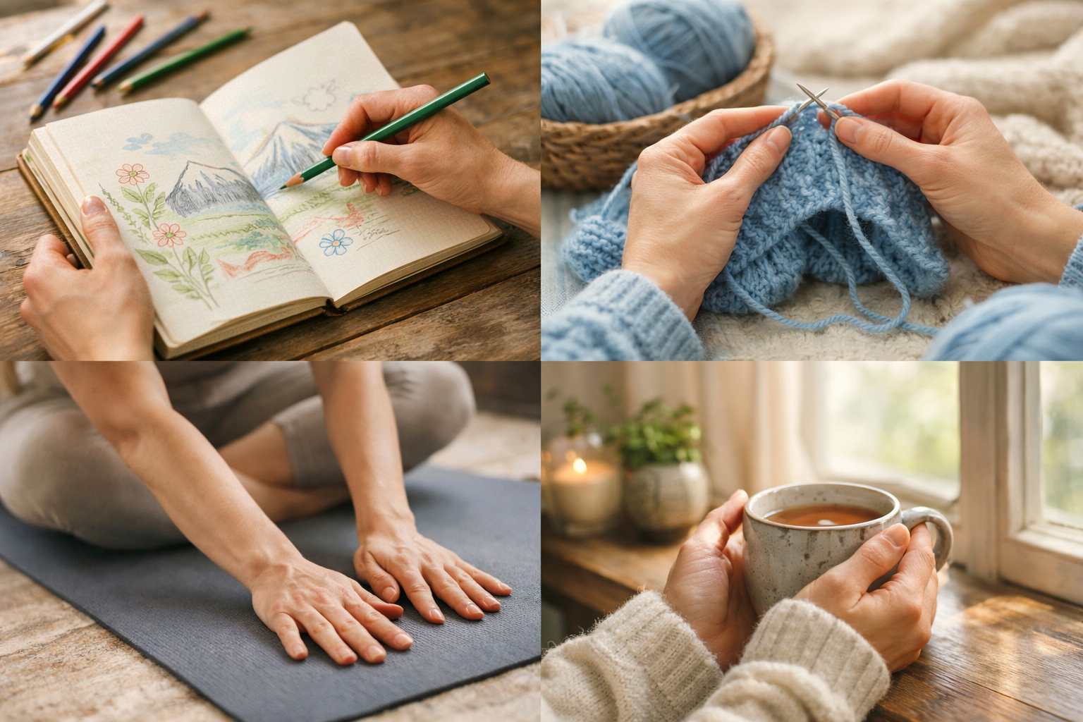 Landscape format (1536x1024) editorial image showing hands engaged in analog activities for rest without phones, split composition displayin
