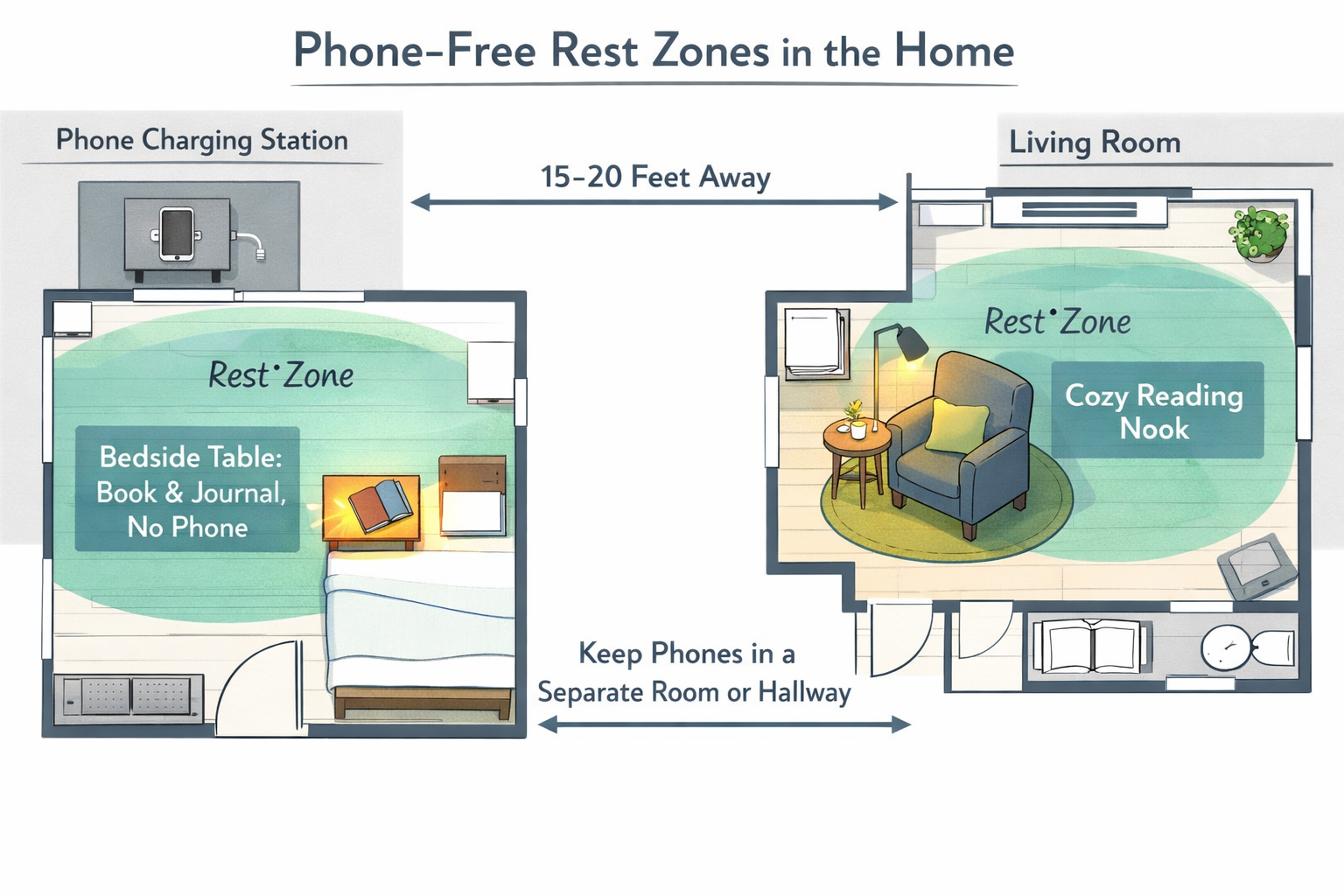 Landscape format (1536x1024) infographic-style image illustrating physical space setup for phone-free rest zones in home environment. Bird's