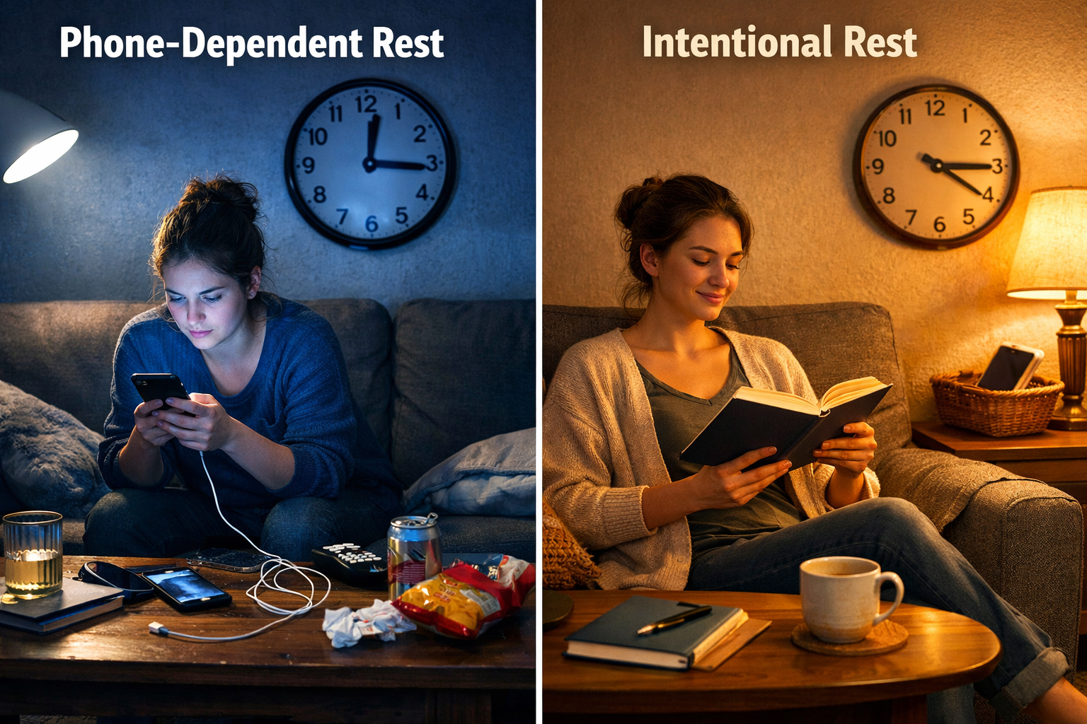 Landscape format (1536x1024) conceptual image showing before-and-after comparison of evening rest routines with and without phone dependency