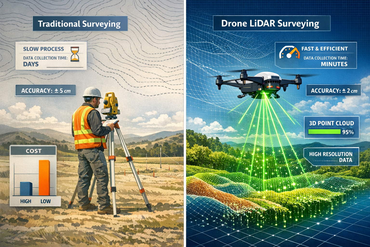 Landscape format (1536x1024) detailed illustration showing side-by-side comparison of traditional land surveying versus modern drone-based L