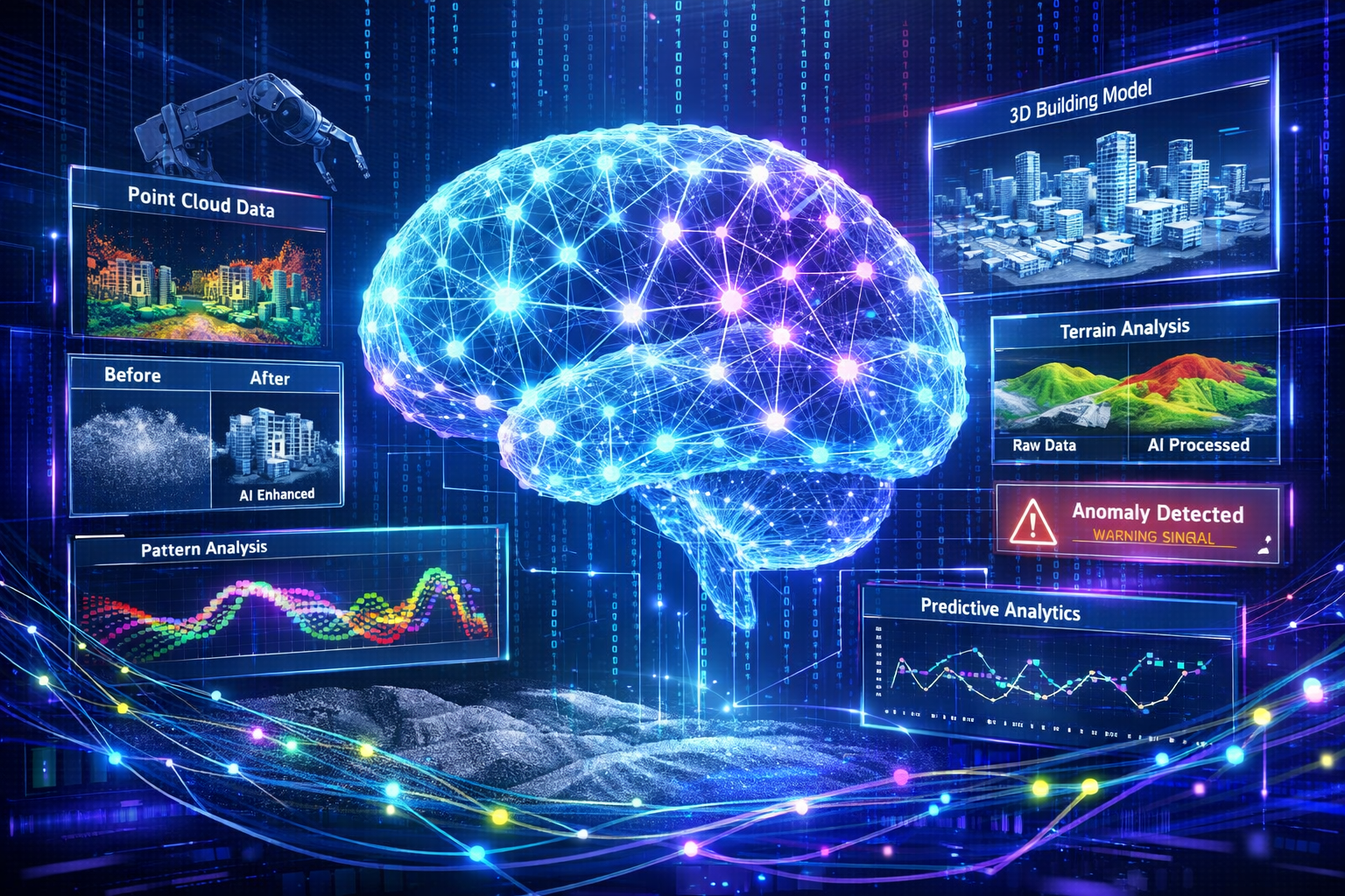 Landscape format (1536x1024) conceptual visualization of artificial intelligence processing surveying data. Central focus on large transluce