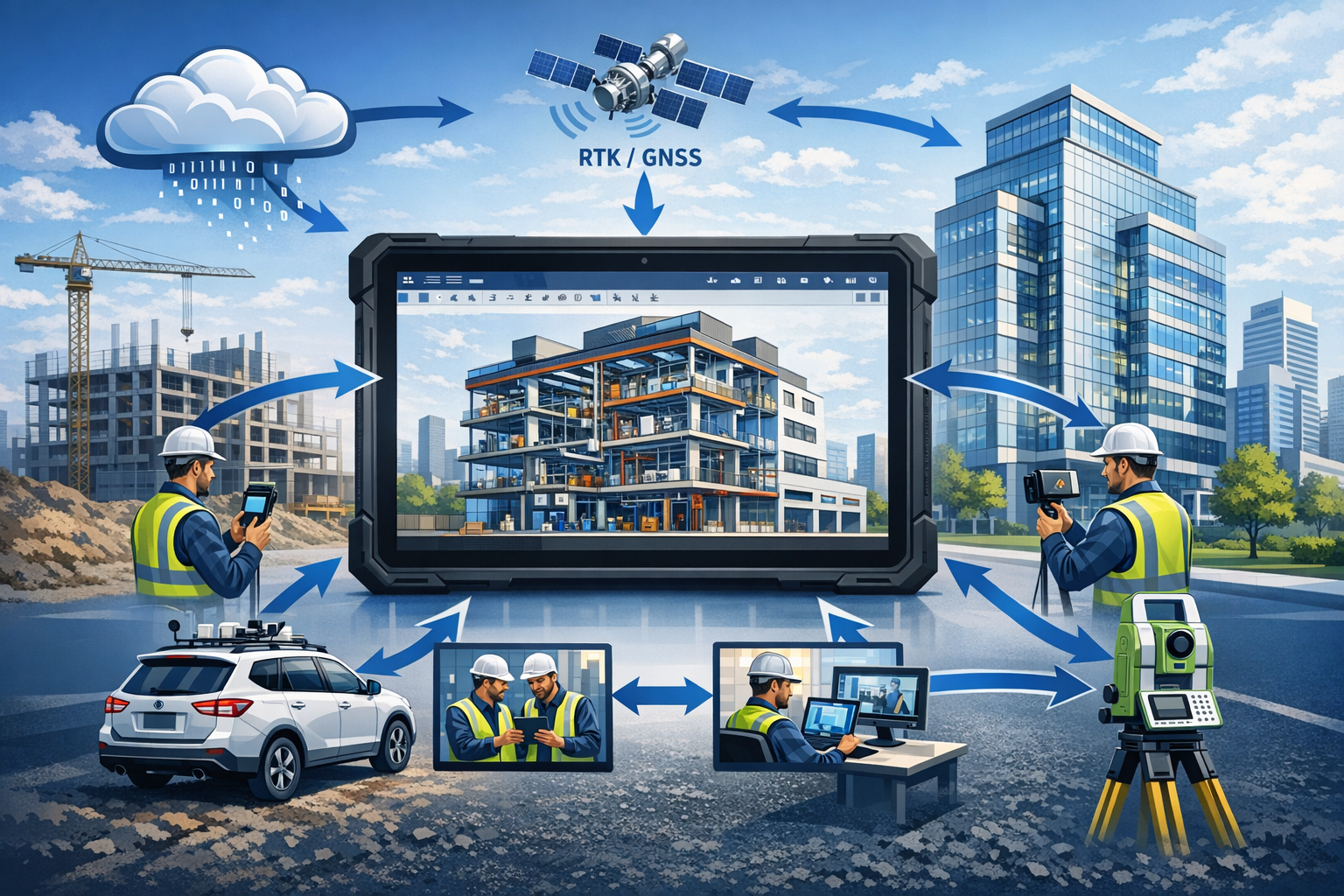 Landscape format (1536x1024) comprehensive workflow diagram showing integrated digital surveying ecosystem. Center displays large tablet or 