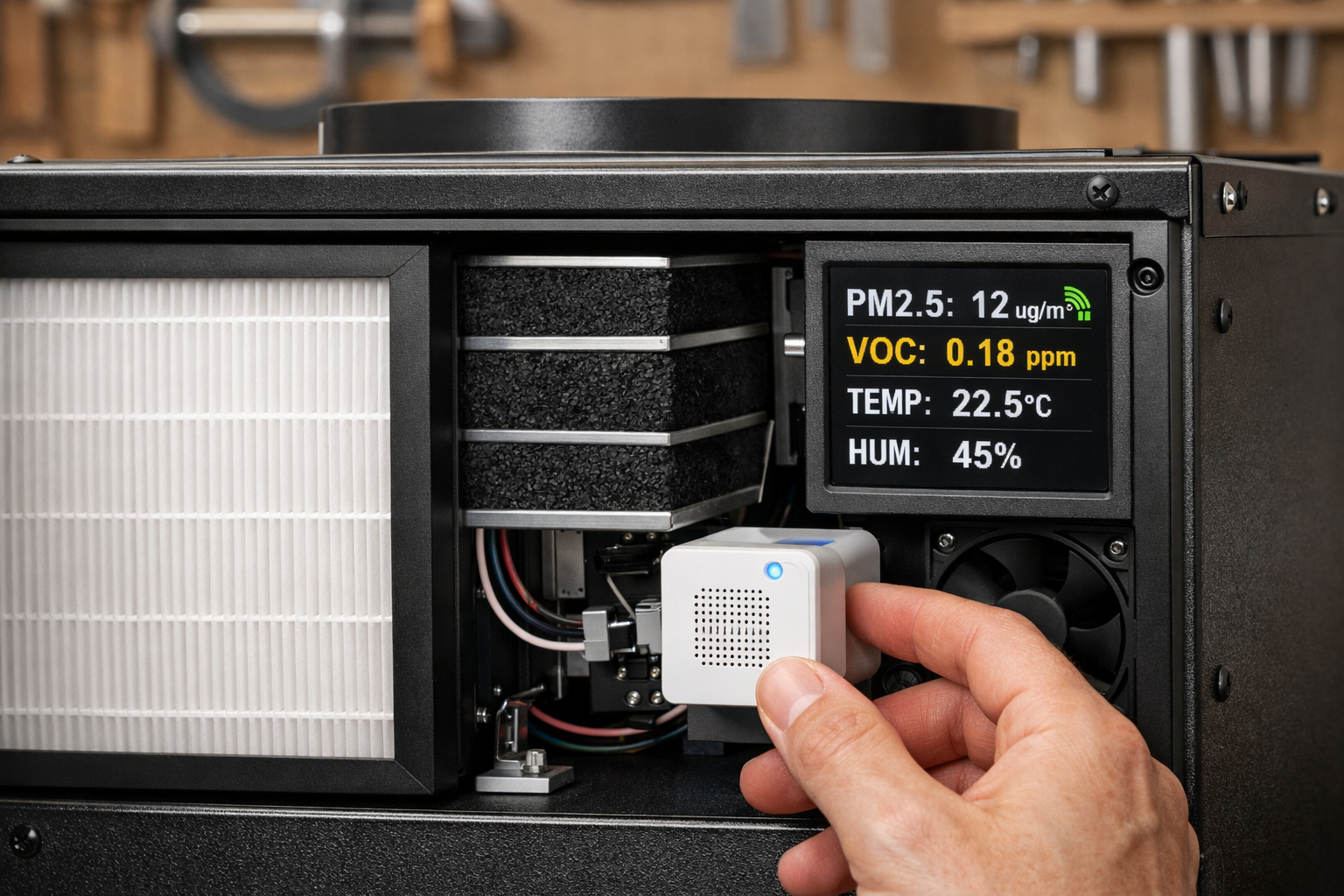 A close-up, dynamic landscape image () of a DIY smart air filtration system in a workshop, focusing on the internal