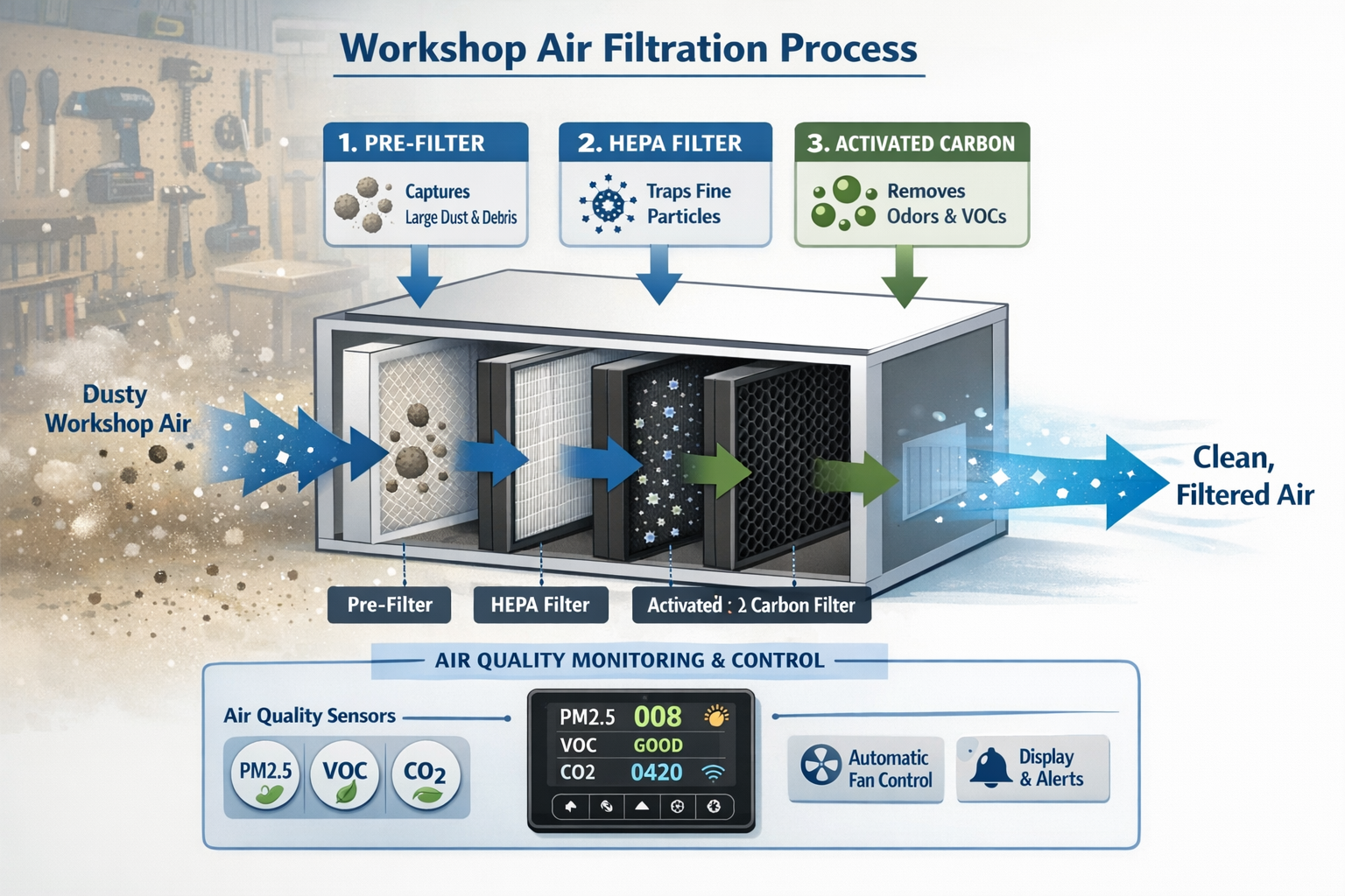 A detailed infographic-style landscape image () illustrating the multi-stage filtration process for workshop air. Show