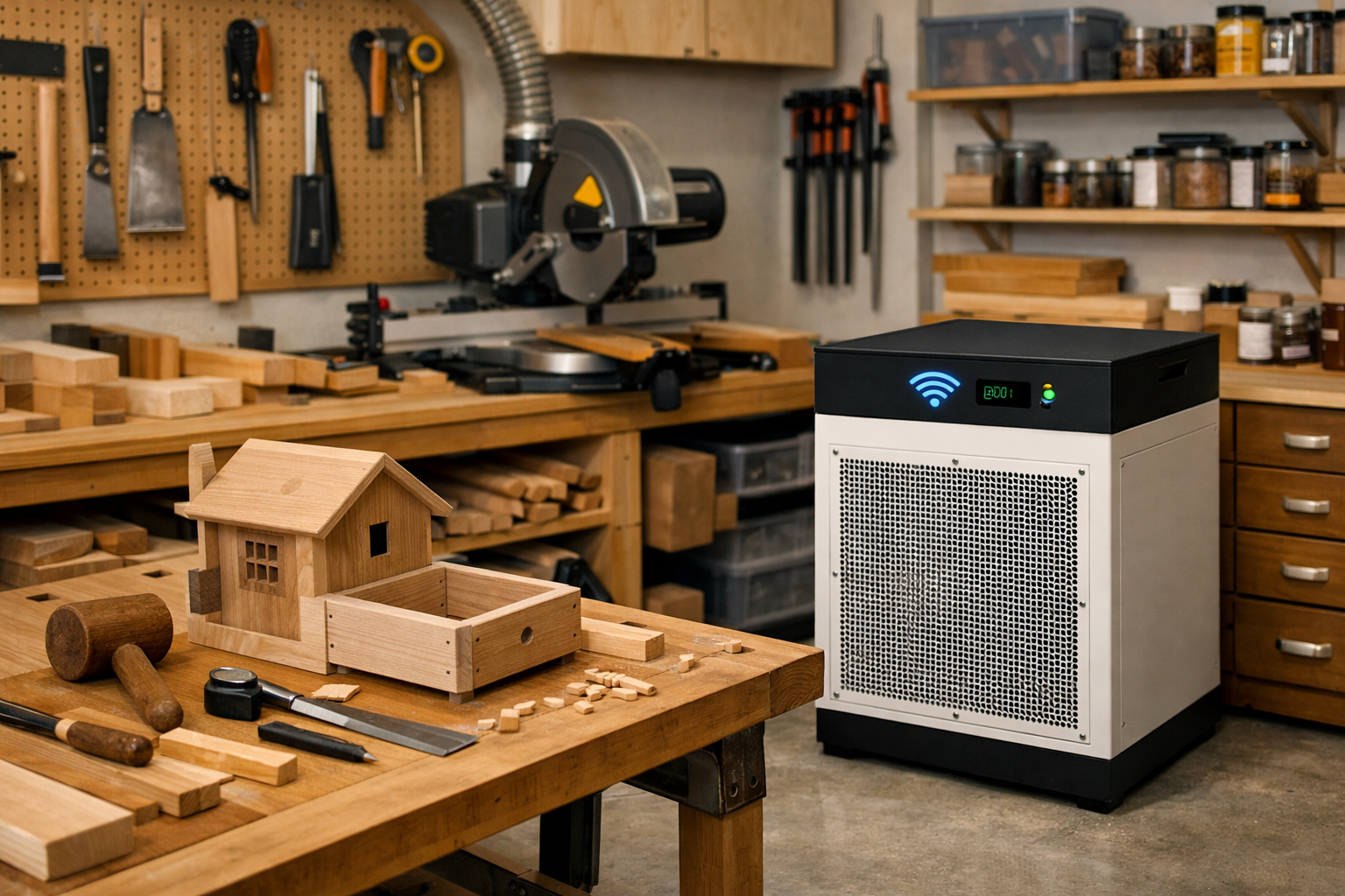 A compositionally balanced landscape image () of a finished, aesthetically pleasing DIY smart workshop air filtration unit